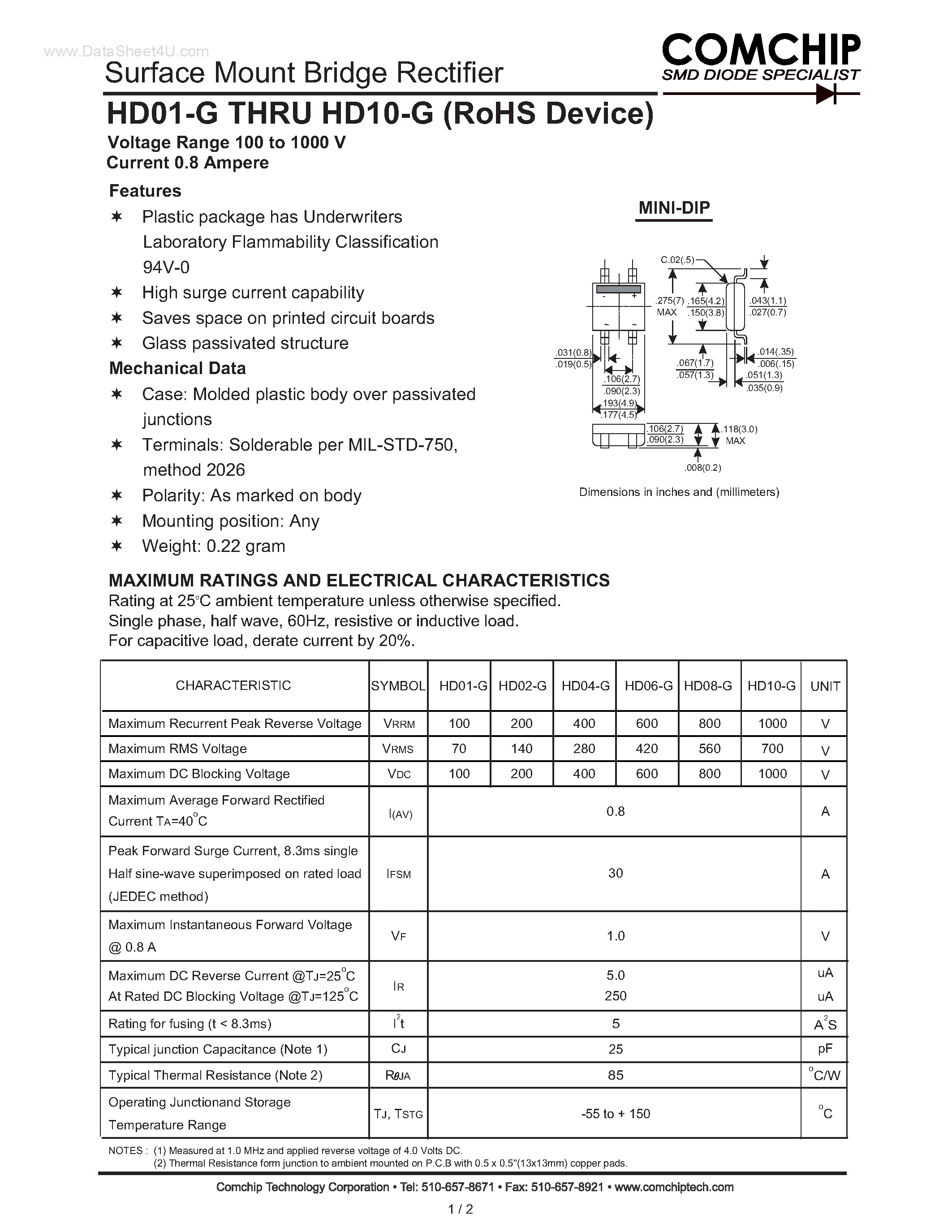 Datasheet HD01-G - Surface Mount Bridge Rectifier page 1
