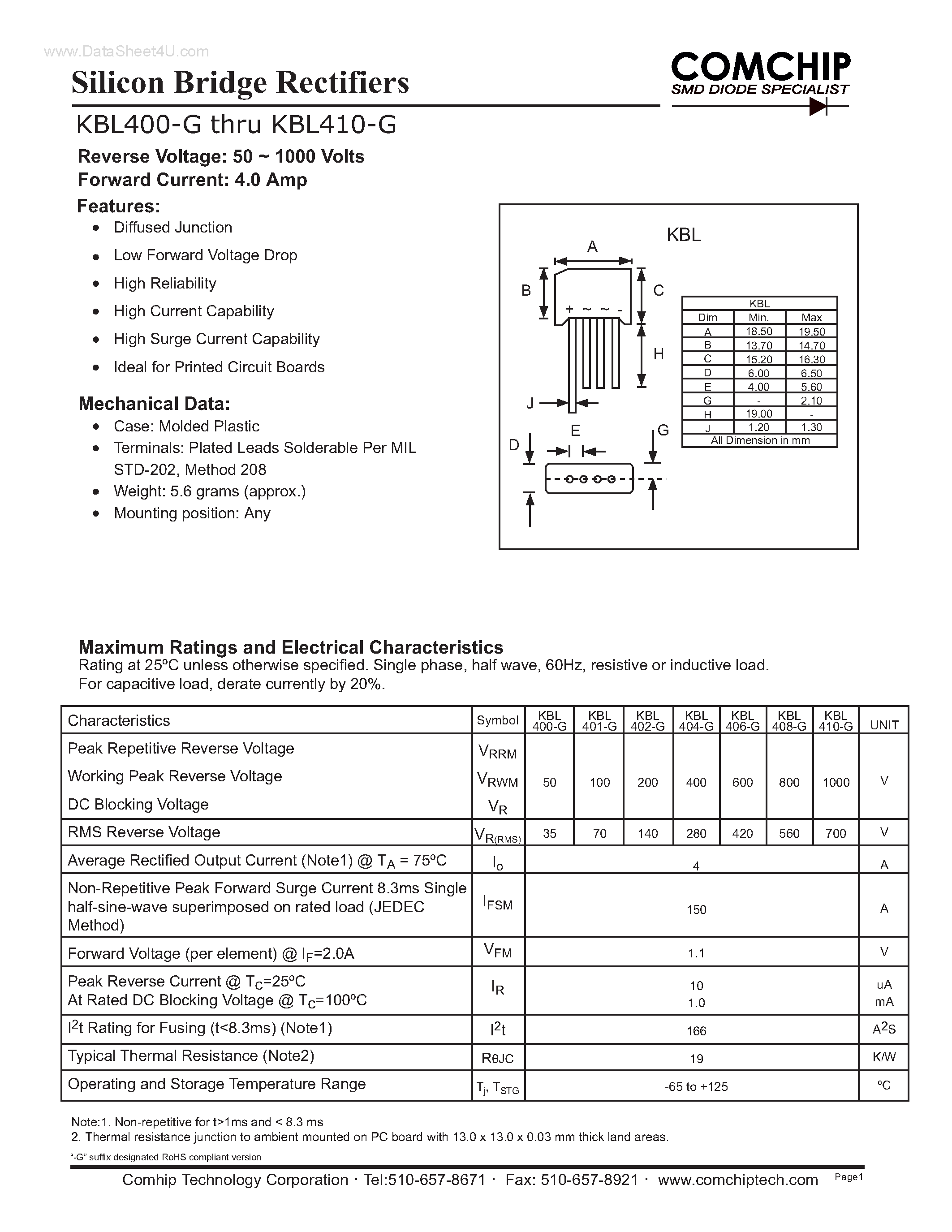Datasheet KBL400-G - (KBL400-G - KBL410-G) Silicon Bridge Rectifiers page 1