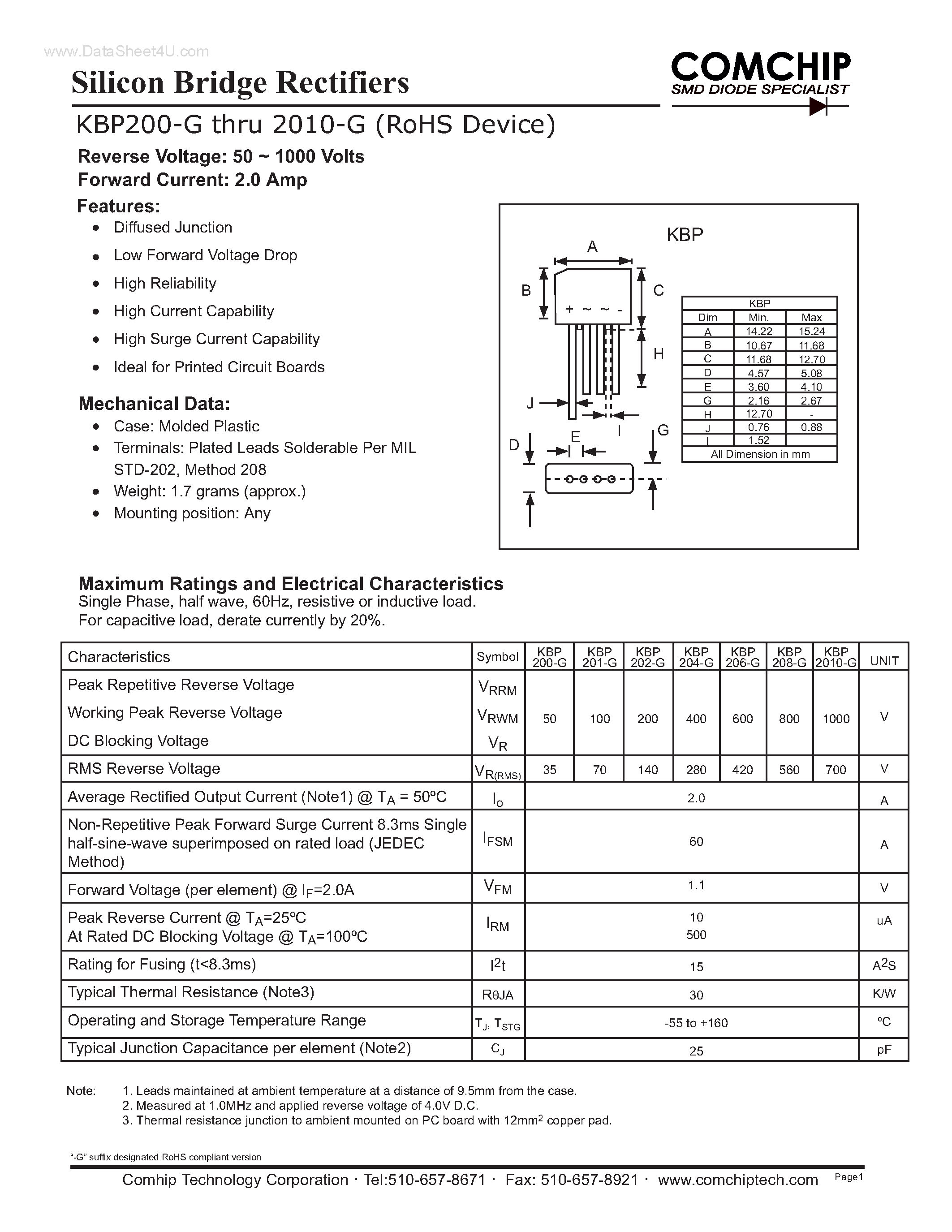 Даташит KBP200-G - (KBP200-G - KBP210-G) Silicon Bridge Rectifiers страница 1