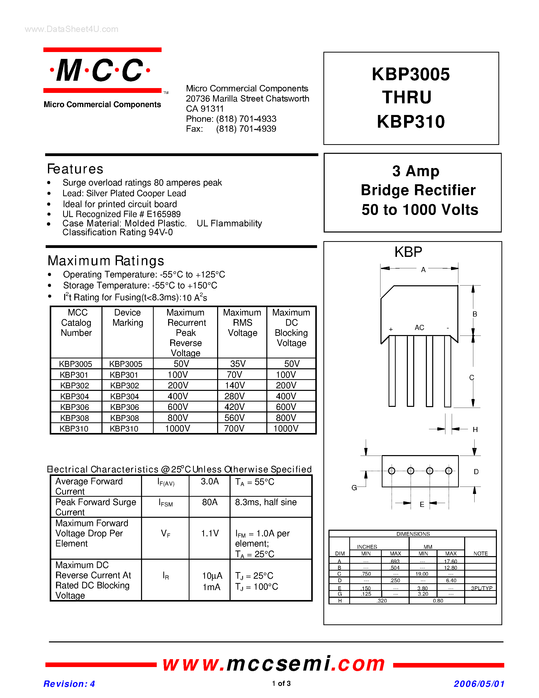 Datasheet KBP3005 page 1 Datasheet KBP3005 - (KBP3005 - KBP310) Bridge Rectifier page 1