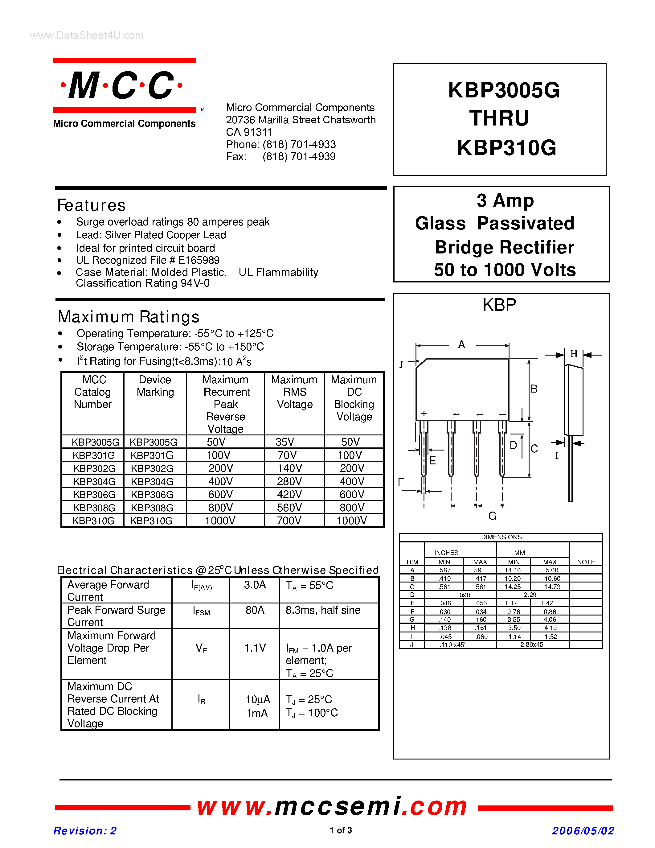Datasheet KBP3005G page 1 Datasheet KBP3005G - (KBP3005G - KBP310G) Glass Passivated Bridge Rectifier page 1