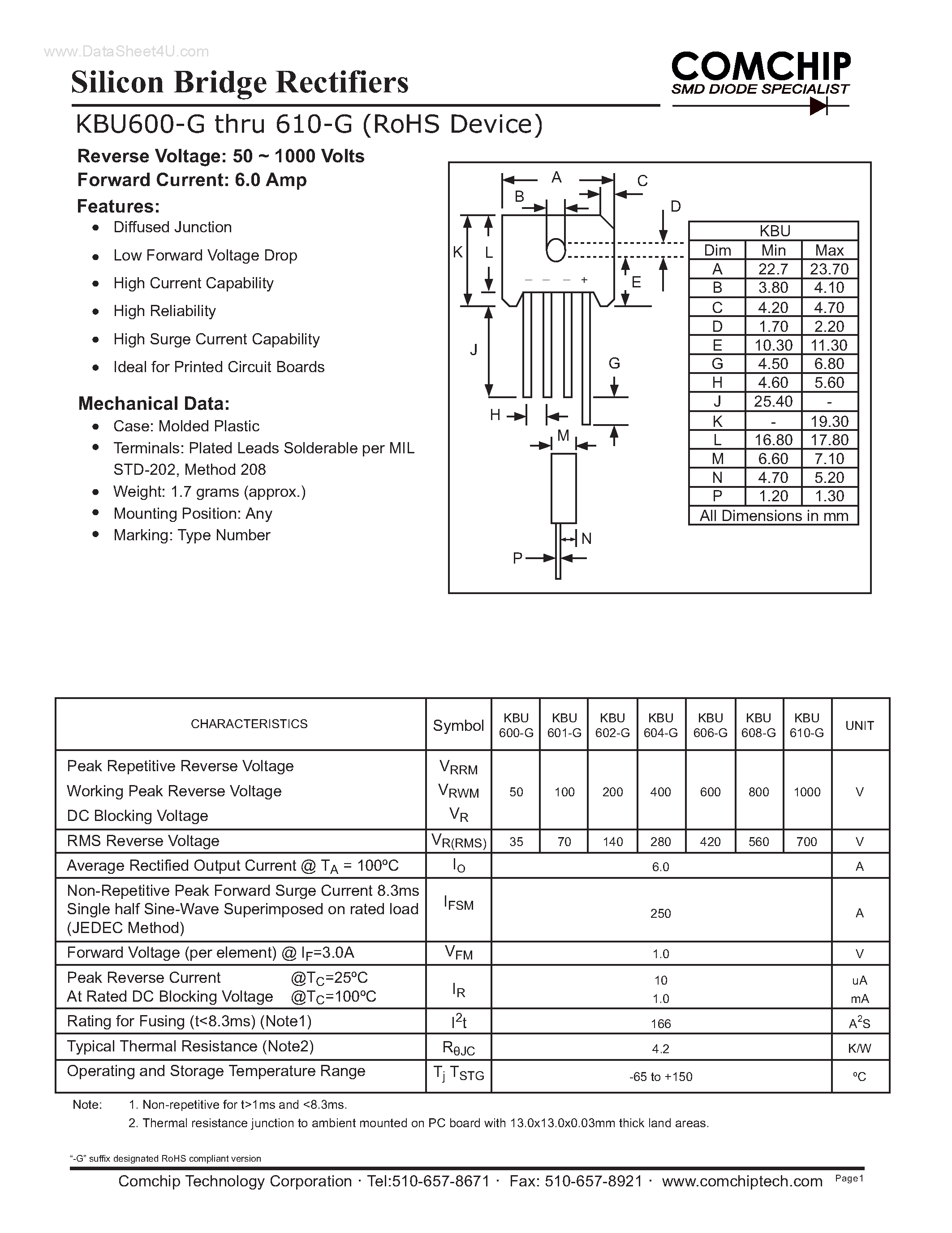 Даташит KBU600-G - (KBU600-G - KBU610-G) Silicon Bridge Rectifiers страница 1