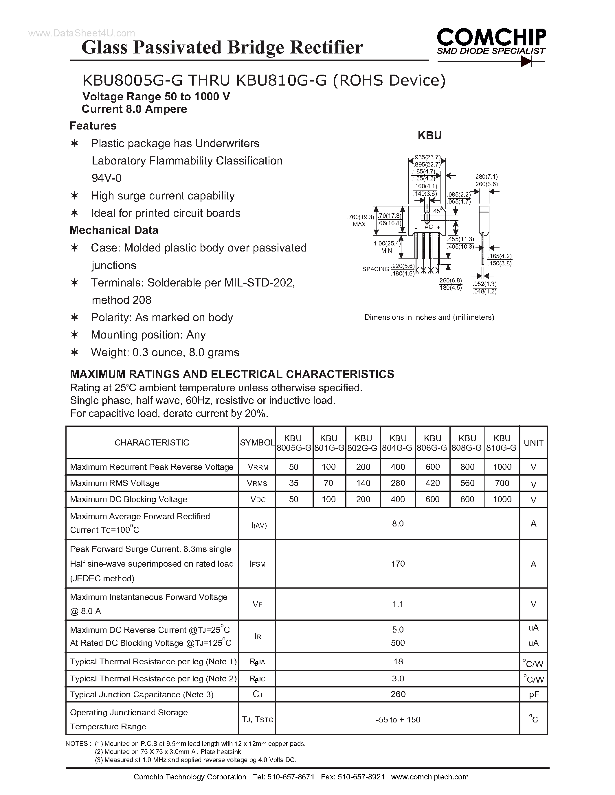 Datasheet KBU8005G-G - (KBU8005G-G - KBU810G-G) Glass Passivated Bridge Rectifier page 1