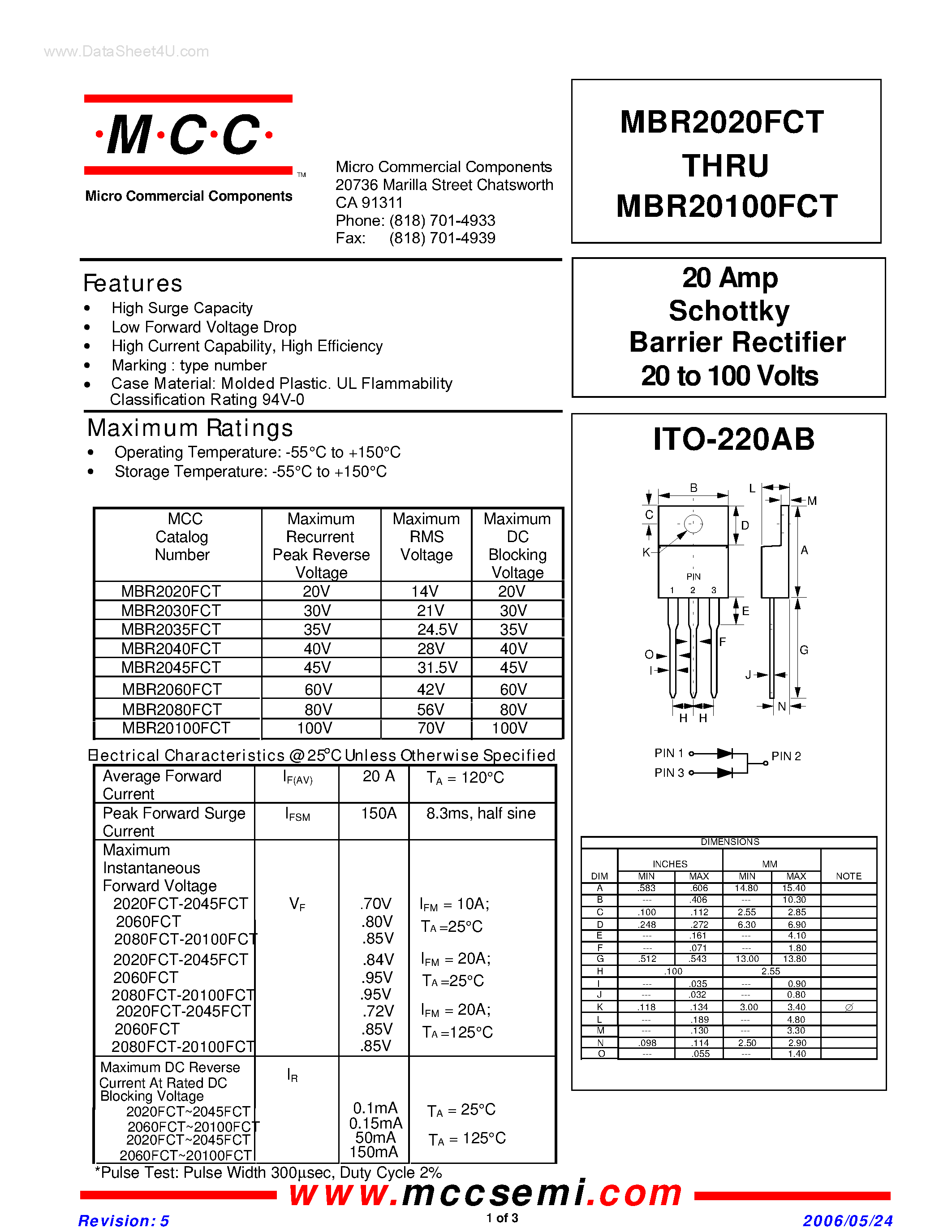 Даташит на микросхему MBR20100FCT страница 1 Даташит MBR20100FCT - (MBR2020FCT - MBR20100FCT) Schottky Barrier Rectifier страница 1