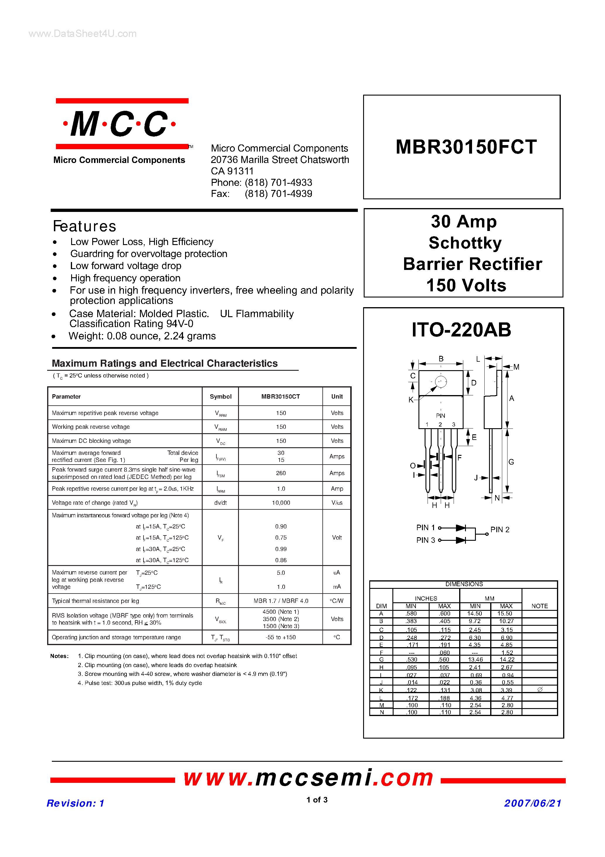 Даташит MBR30150FCT - Schottky Barrier Rectifier страница 1