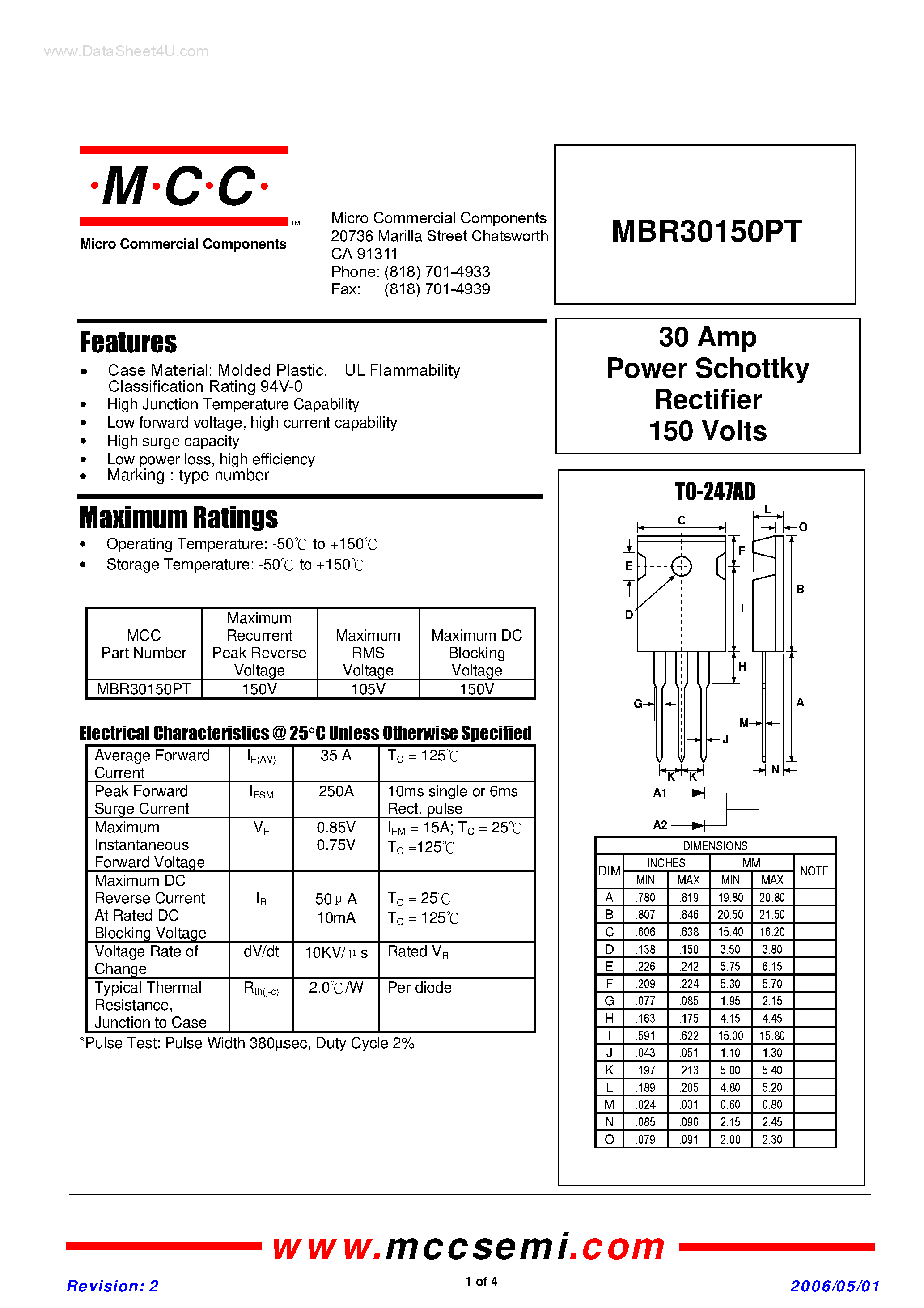 Даташит MBR30150PT - Power Schottky Rectifier страница 1