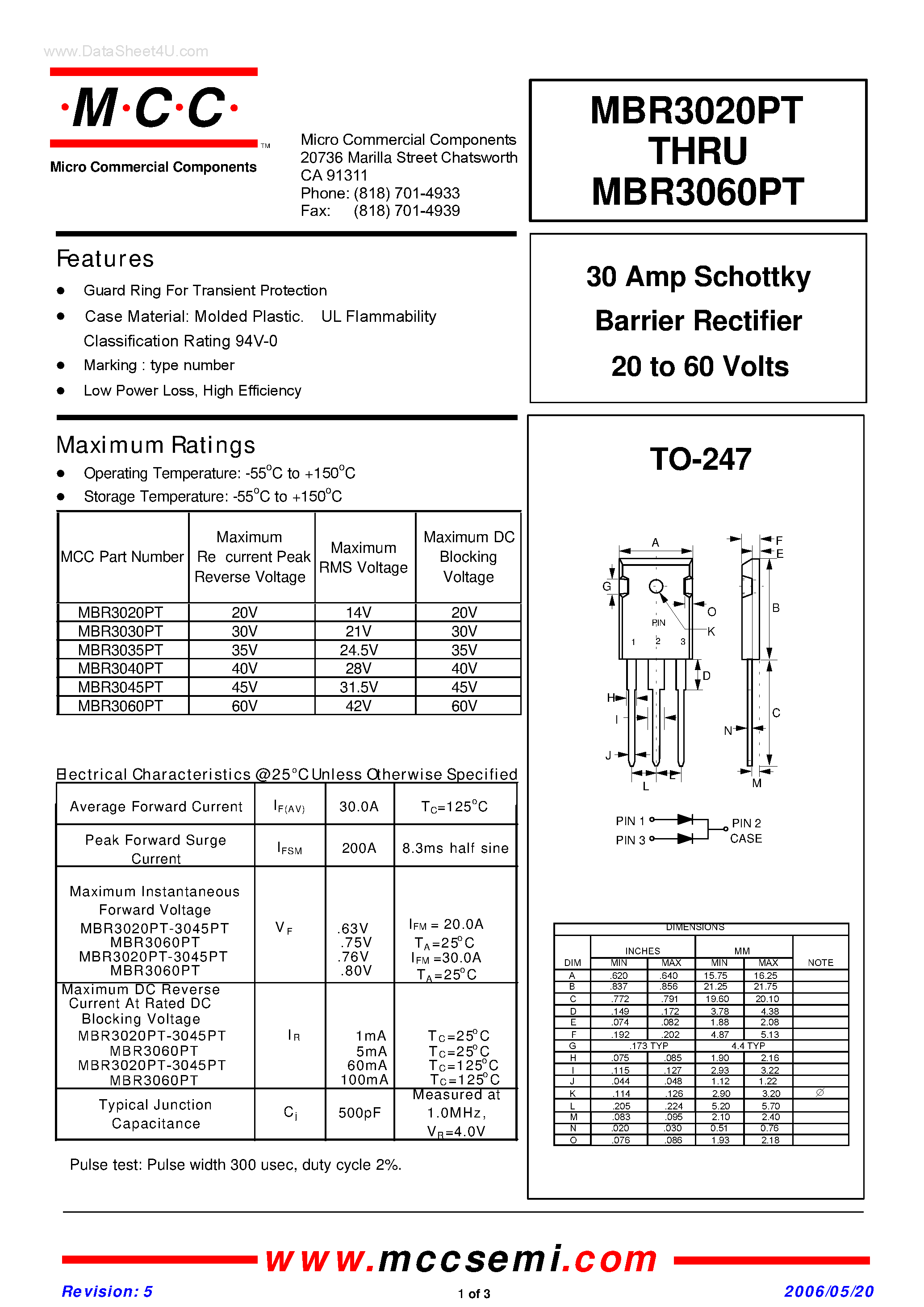 Даташит MBR3020PT - (MBR3020PT - MBR3060PT) Schottky Barrier Rectifier страница 1