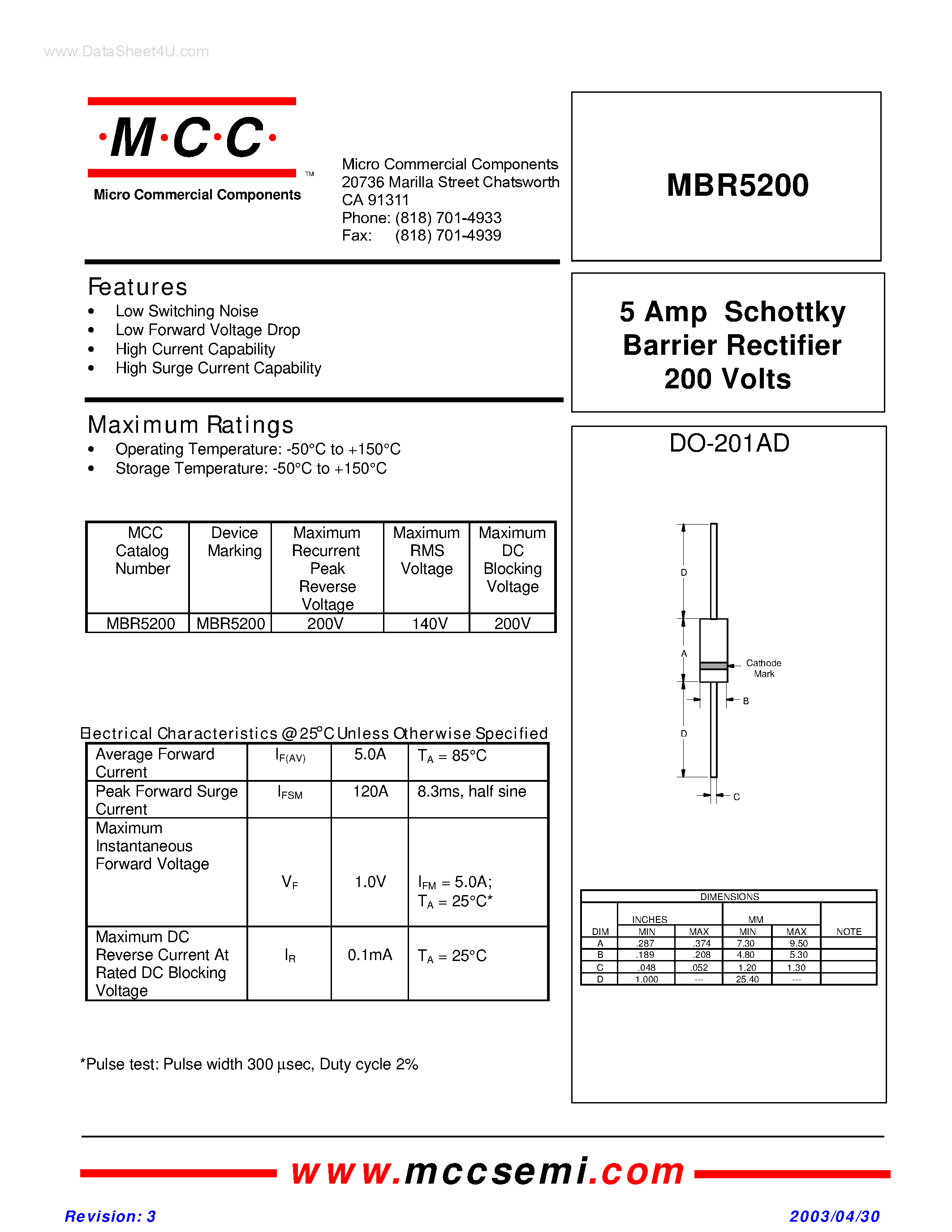 Даташит MBR5200 - Schottky Barrier Rectifier страница 1