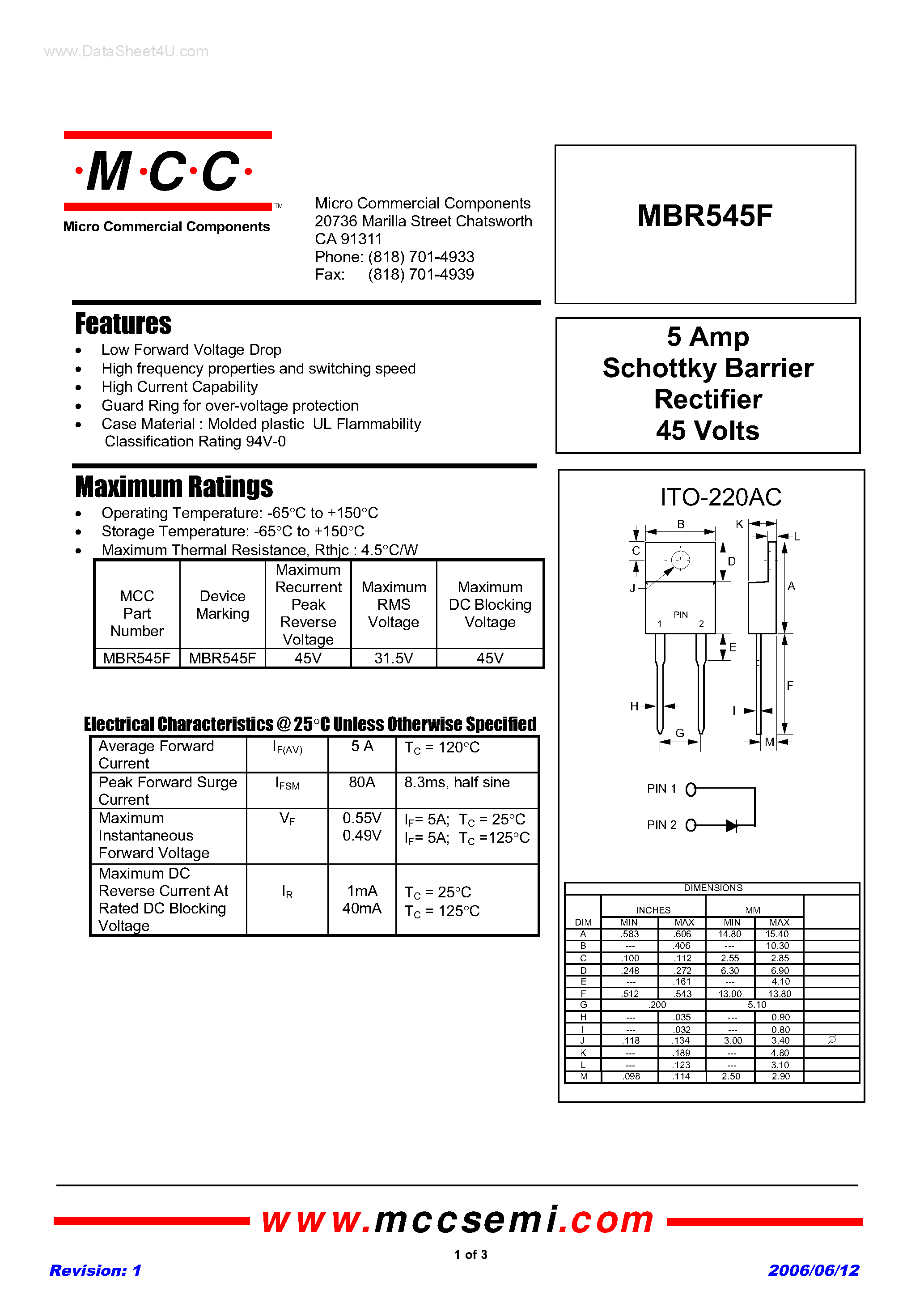 Даташит MBR545F - Schottky Barrier Rectifier страница 1