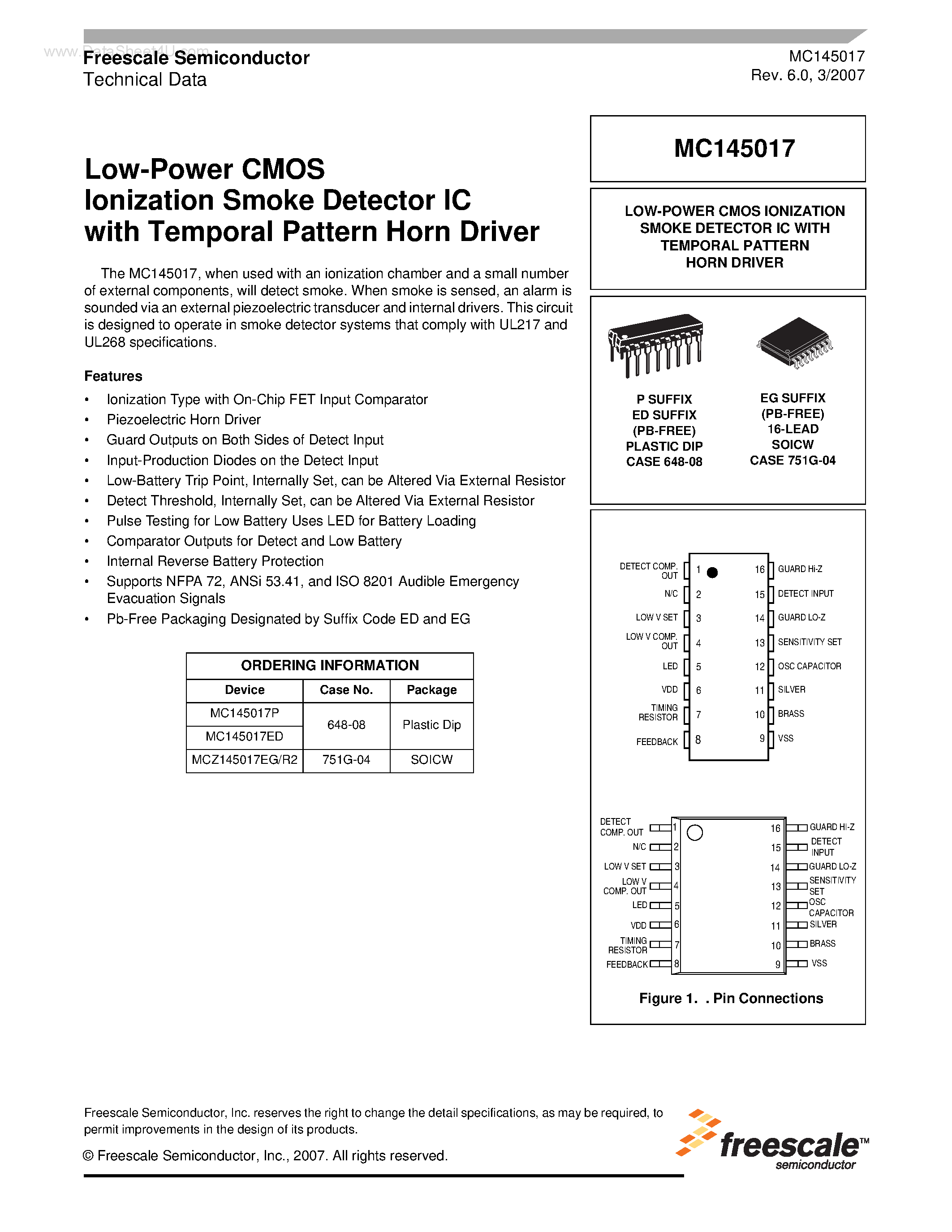 Даташит MC145017 - Low-Power CMOS Ionization Smoke Detector IC страница 1