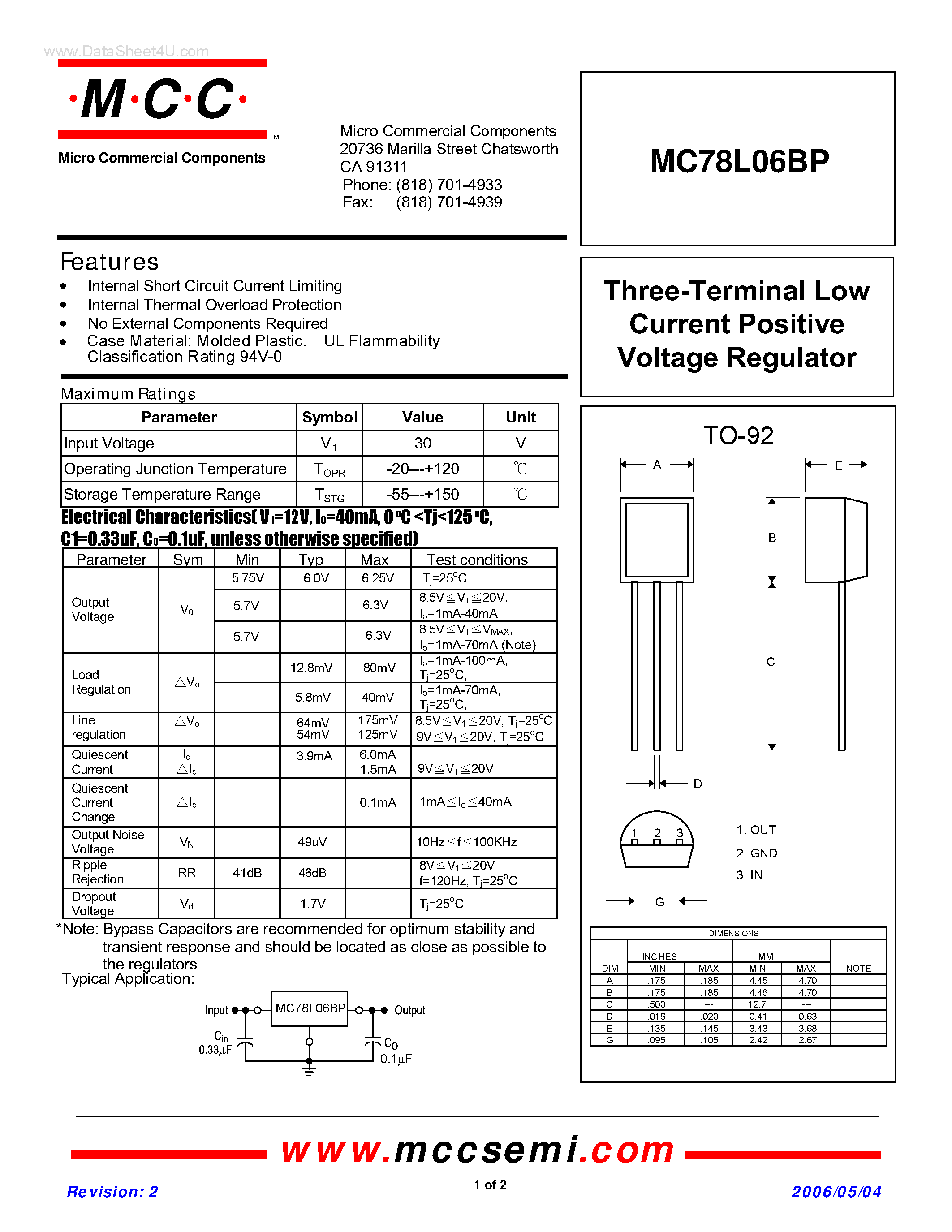 Даташит MC78L06BP - Three-Terminal Low Current Positive Voltage Regulator страница 1