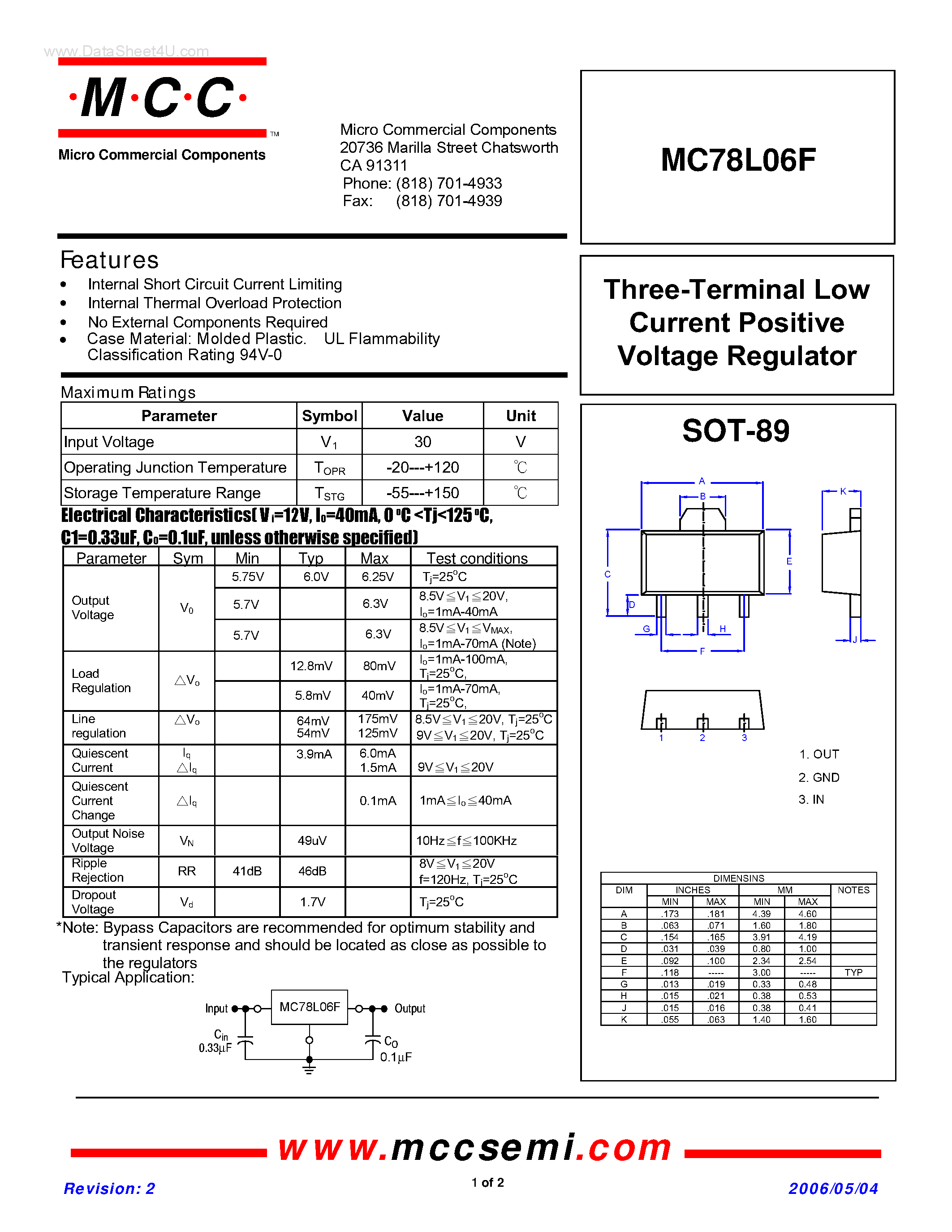 Даташит MC78L06F - Three-Terminal Low Current Positive Voltage Regulator страница 1