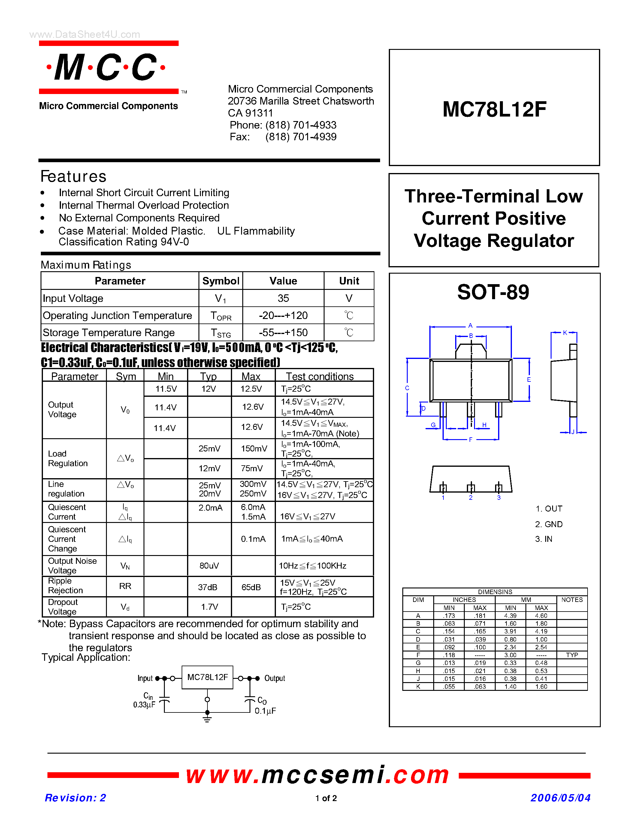 Даташит MC78L12F - Three-Terminal Low Current Positive Voltage Regulator страница 1