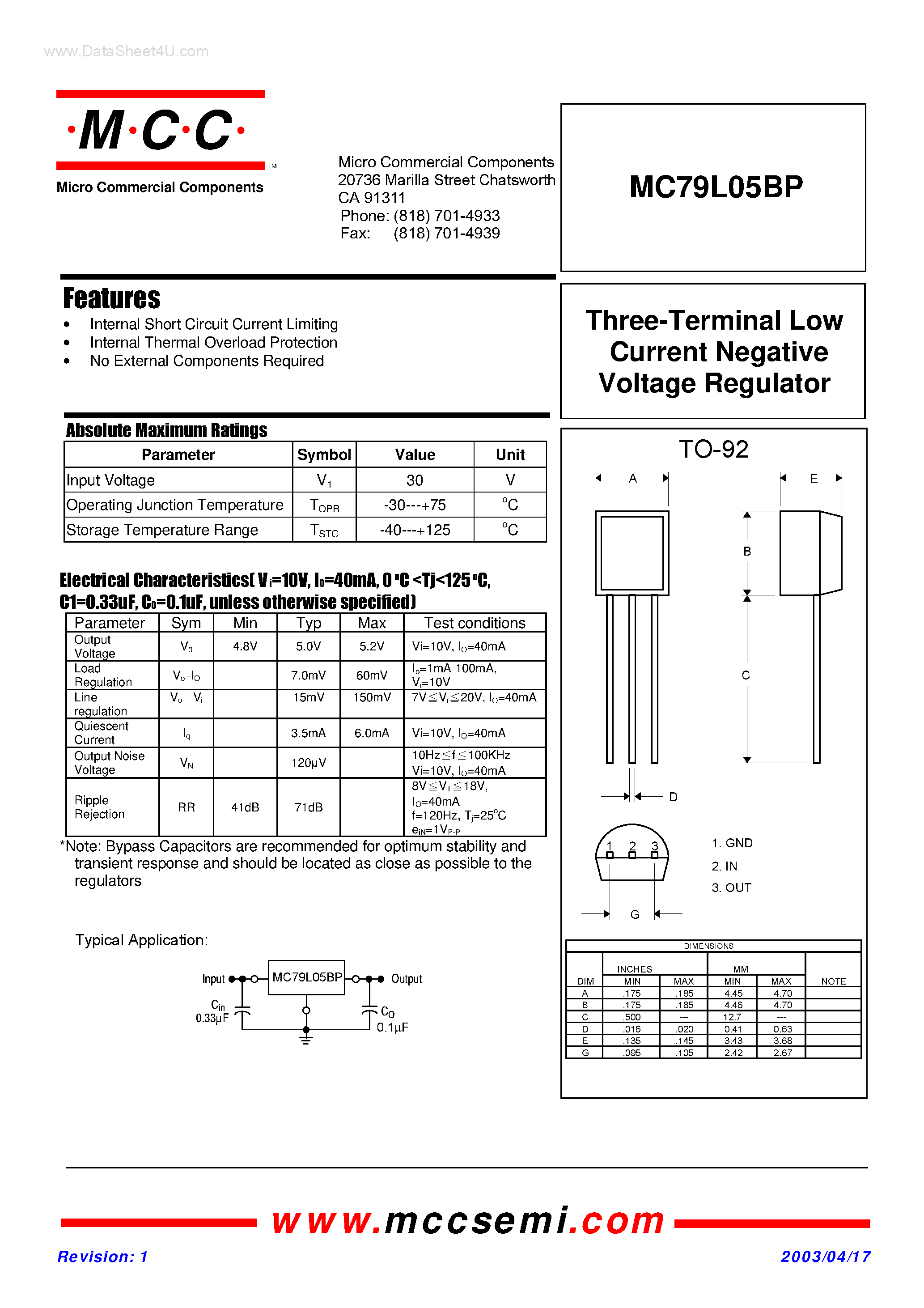 Даташит MC79L05BP - Three-Terminal Low Current Positive Voltage Regulator страница 1