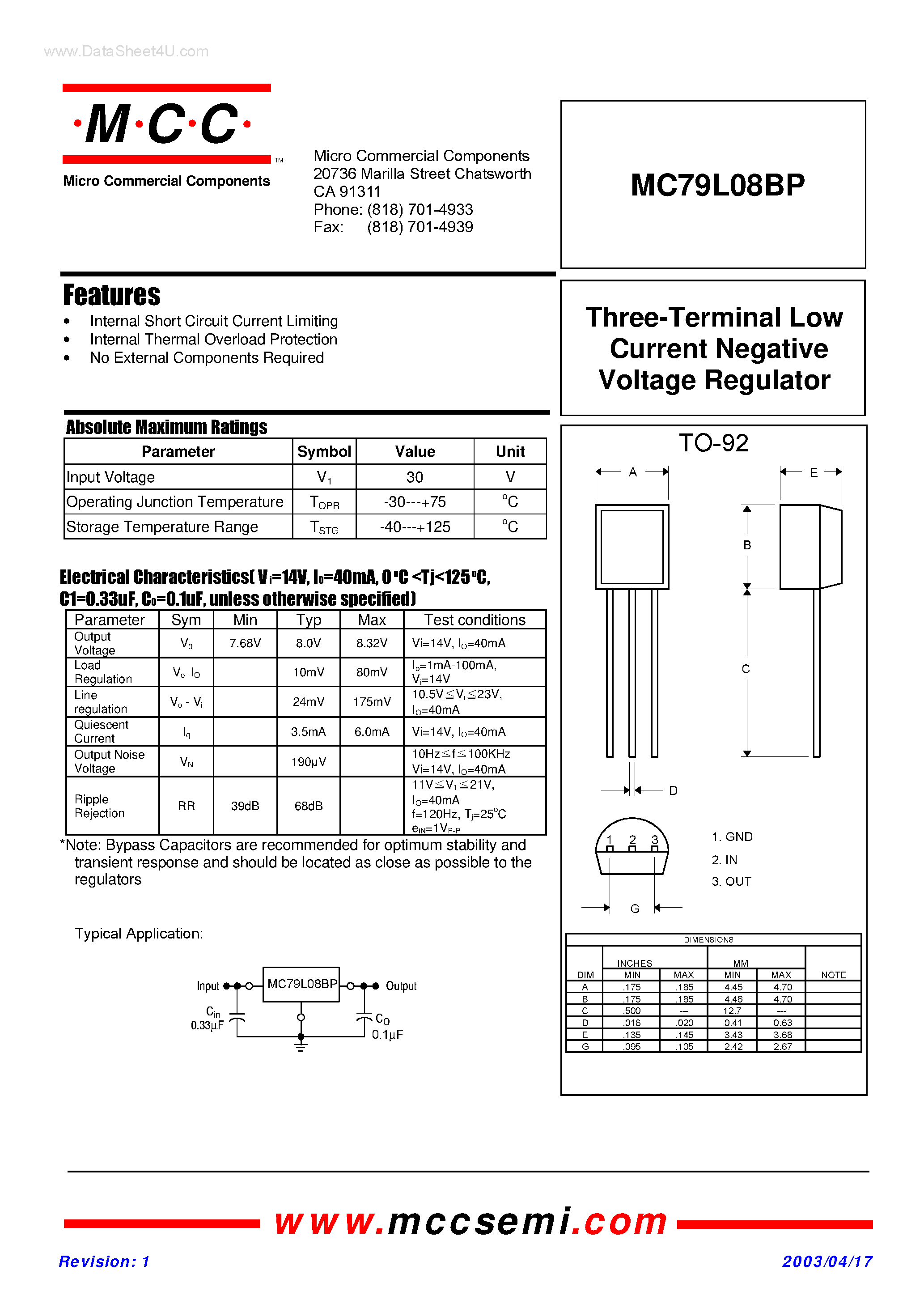 Даташит MC79L08BP - Three-Terminal Low Current Positive Voltage Regulator страница 1