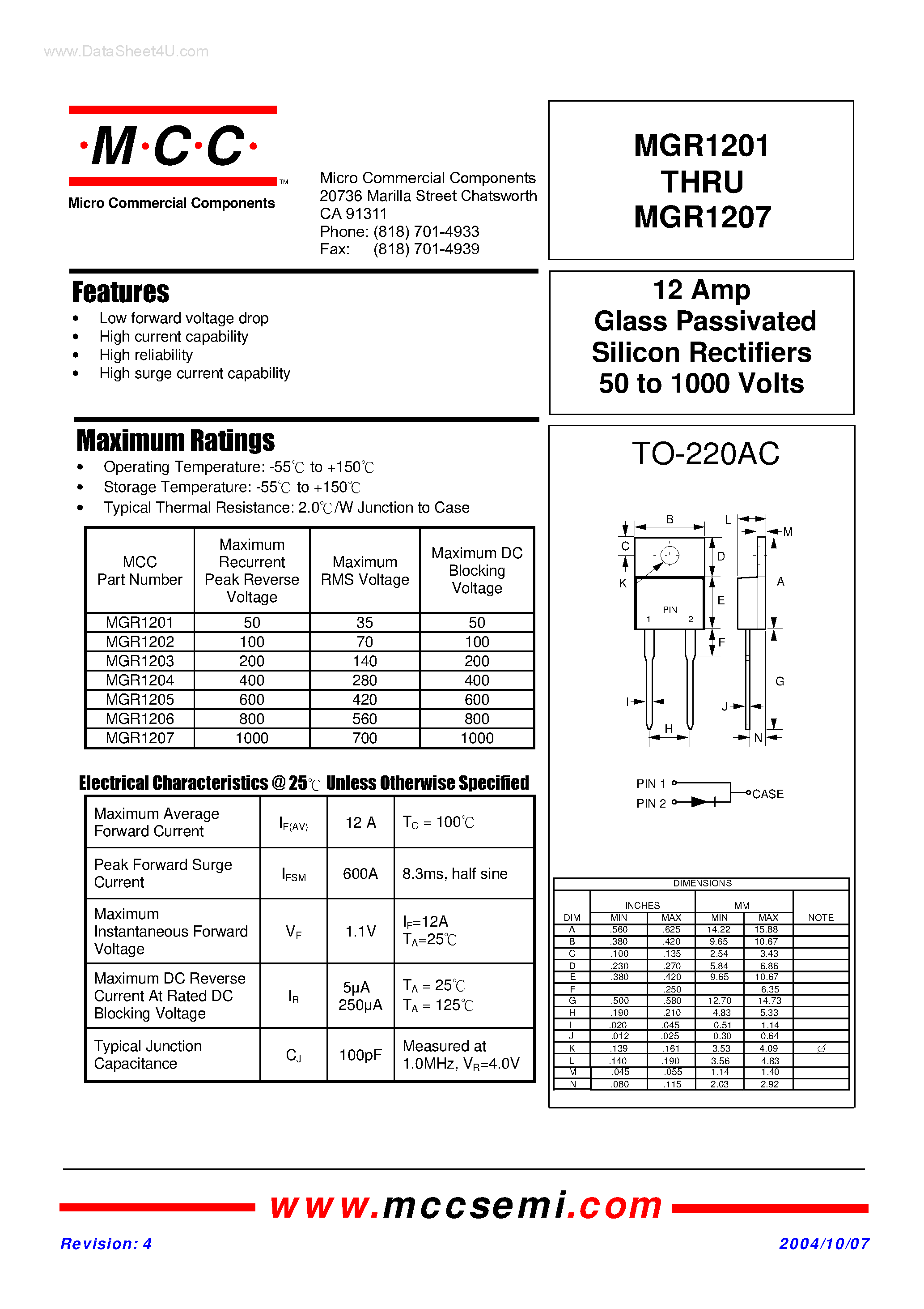 Datasheet MGR1201 - (MGR1201 - MGR1207) Glass Passivated Silicon Rectifiers page 1