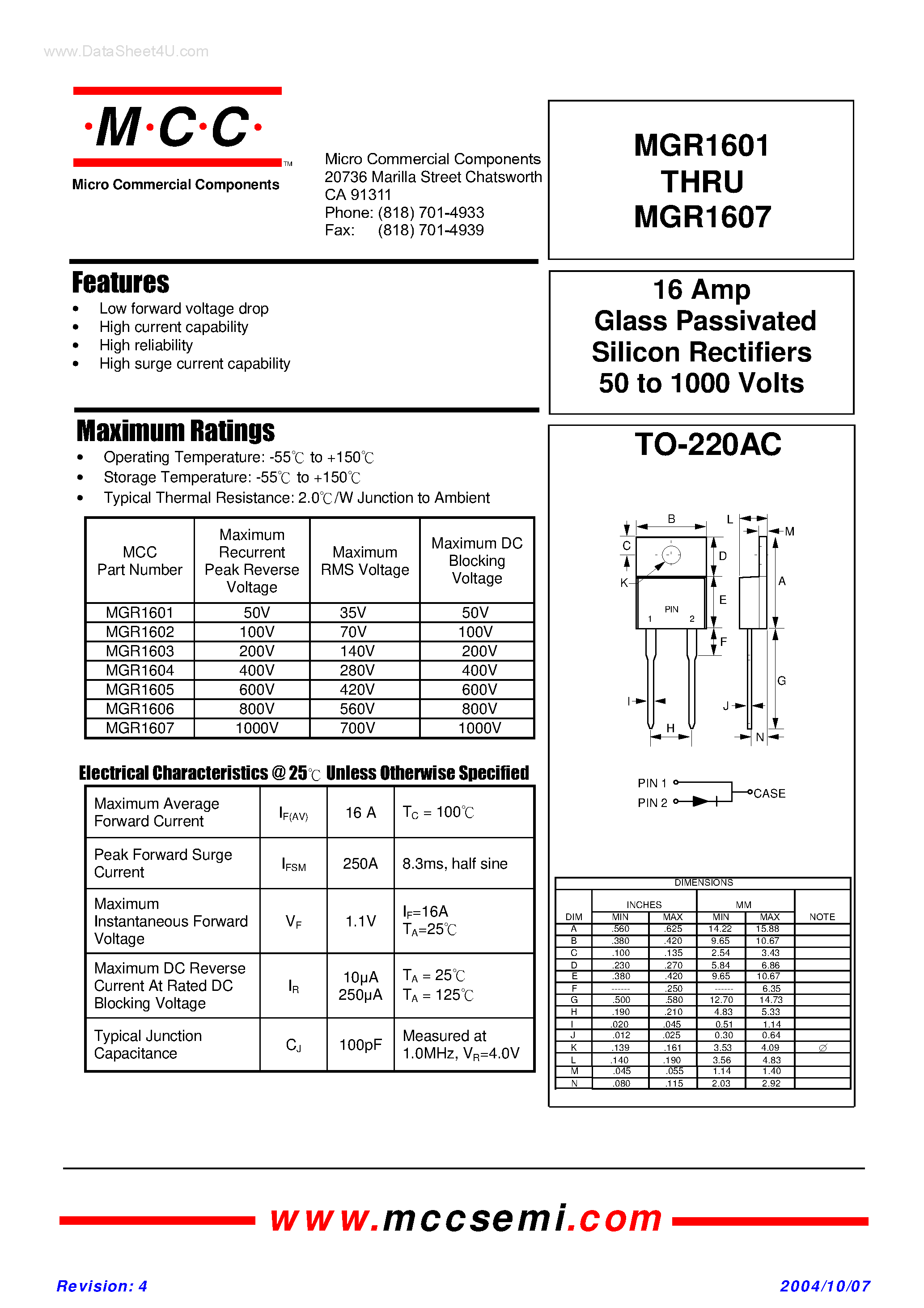 Datasheet MGR1601 page 1 Datasheet MGR1601 - (MGR1601 - MGR1607) Glass Passivated Silicon Rectifiers page 1