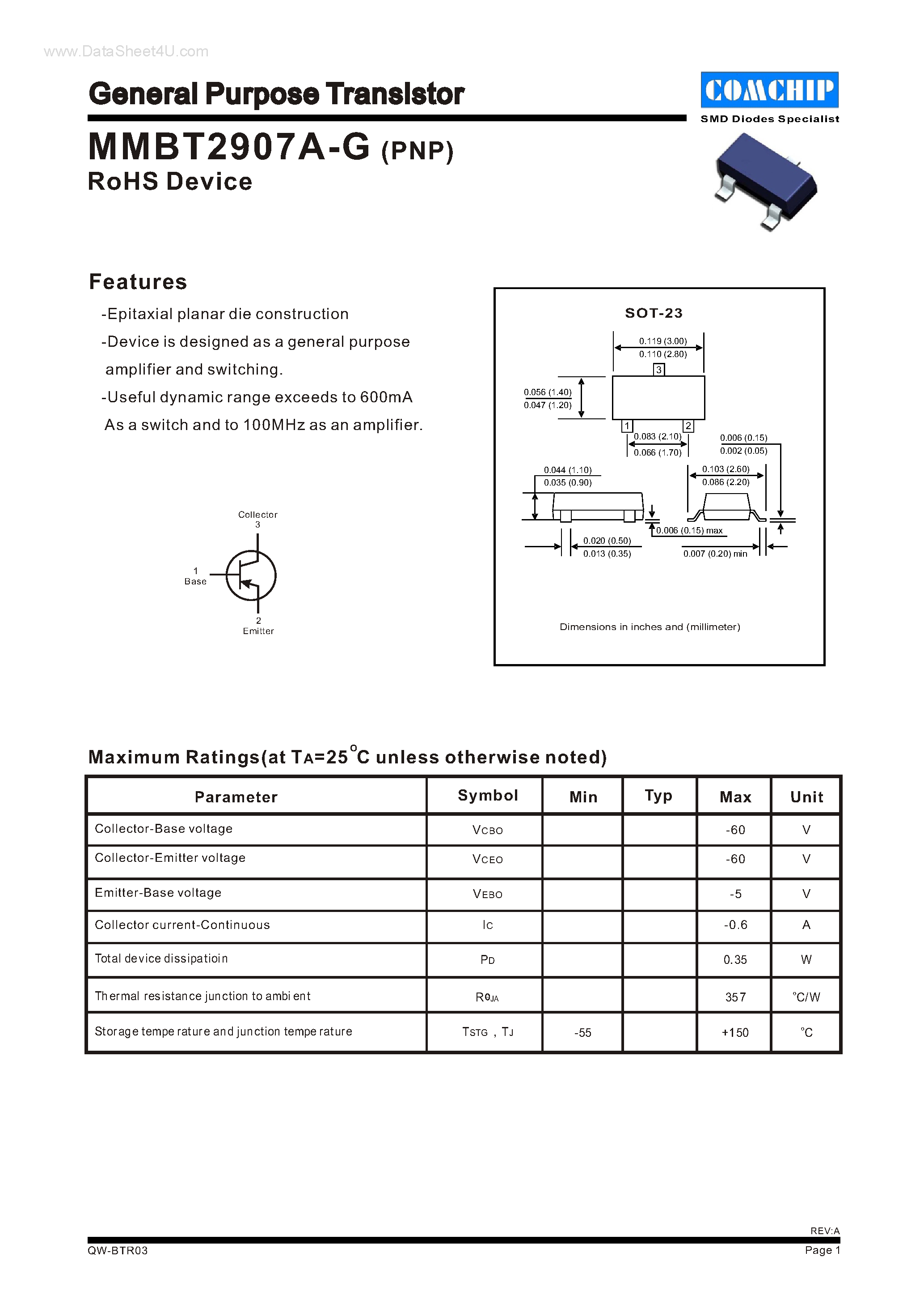 Datasheet MMBT2907A-G - GENERAL PURPOSE TRANSISTORS page 1