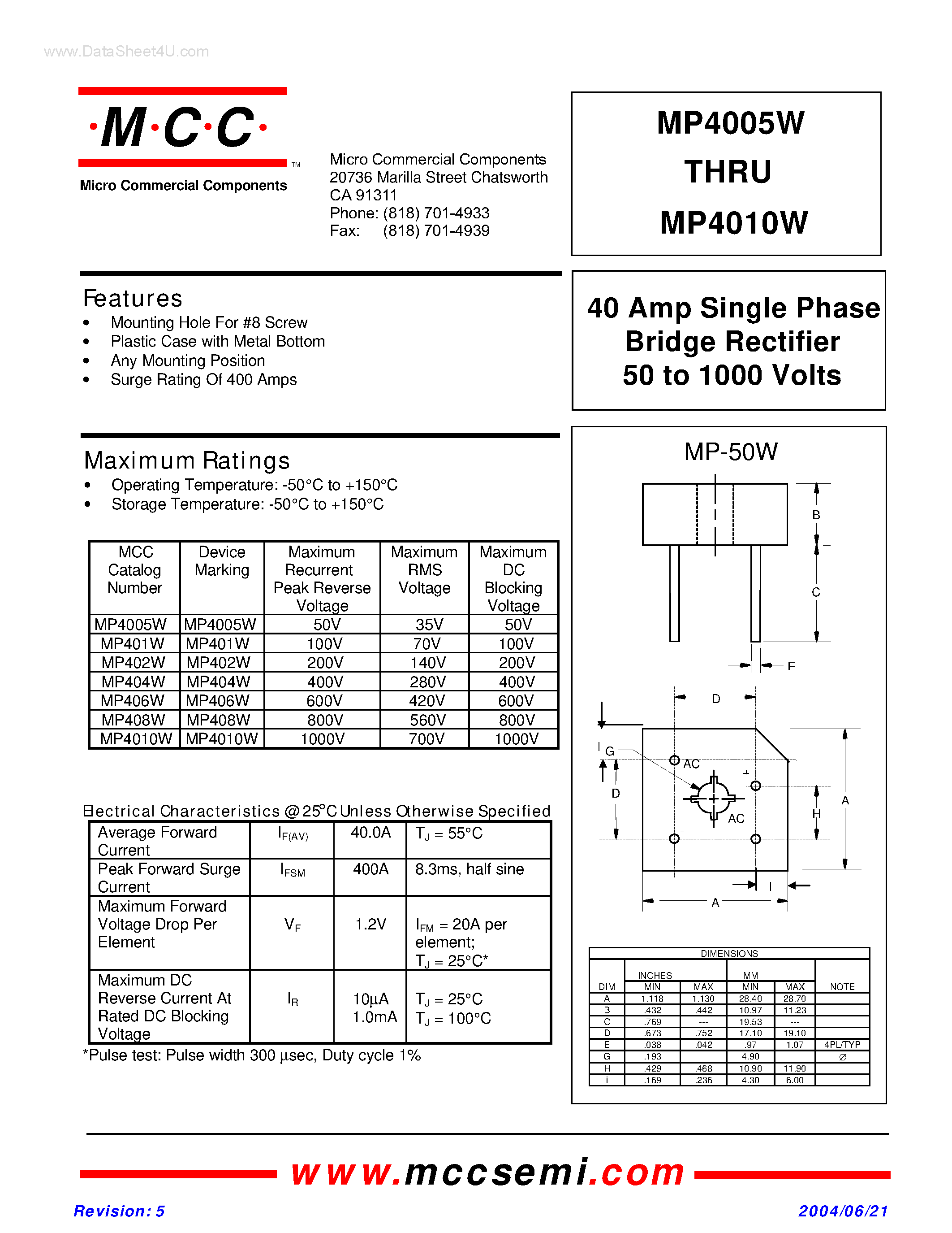 Даташит MP4005W - (MP4005W - MP4010W) Single Phase Bridge Rectifier страница 1