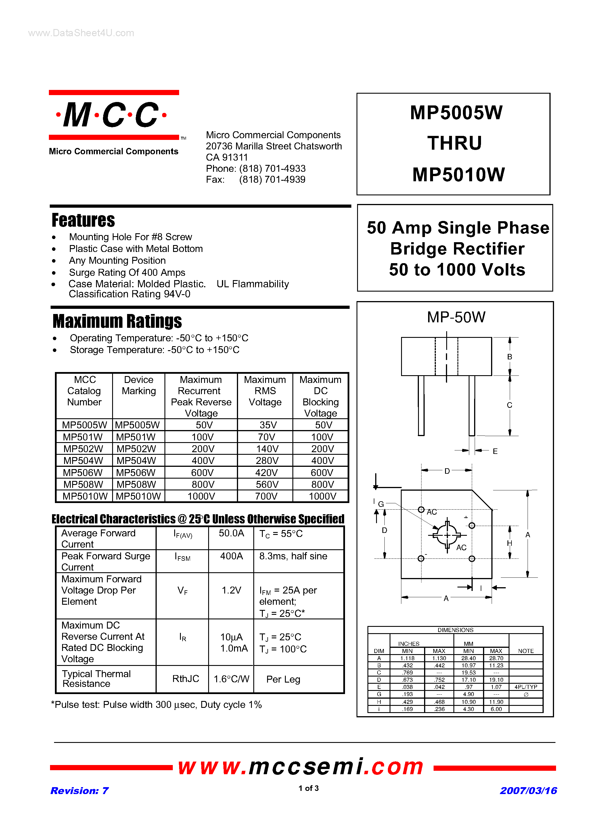 Даташит MP5005W - (MP5005W - MP5010W) Single Phase Bridge Rectifier страница 1