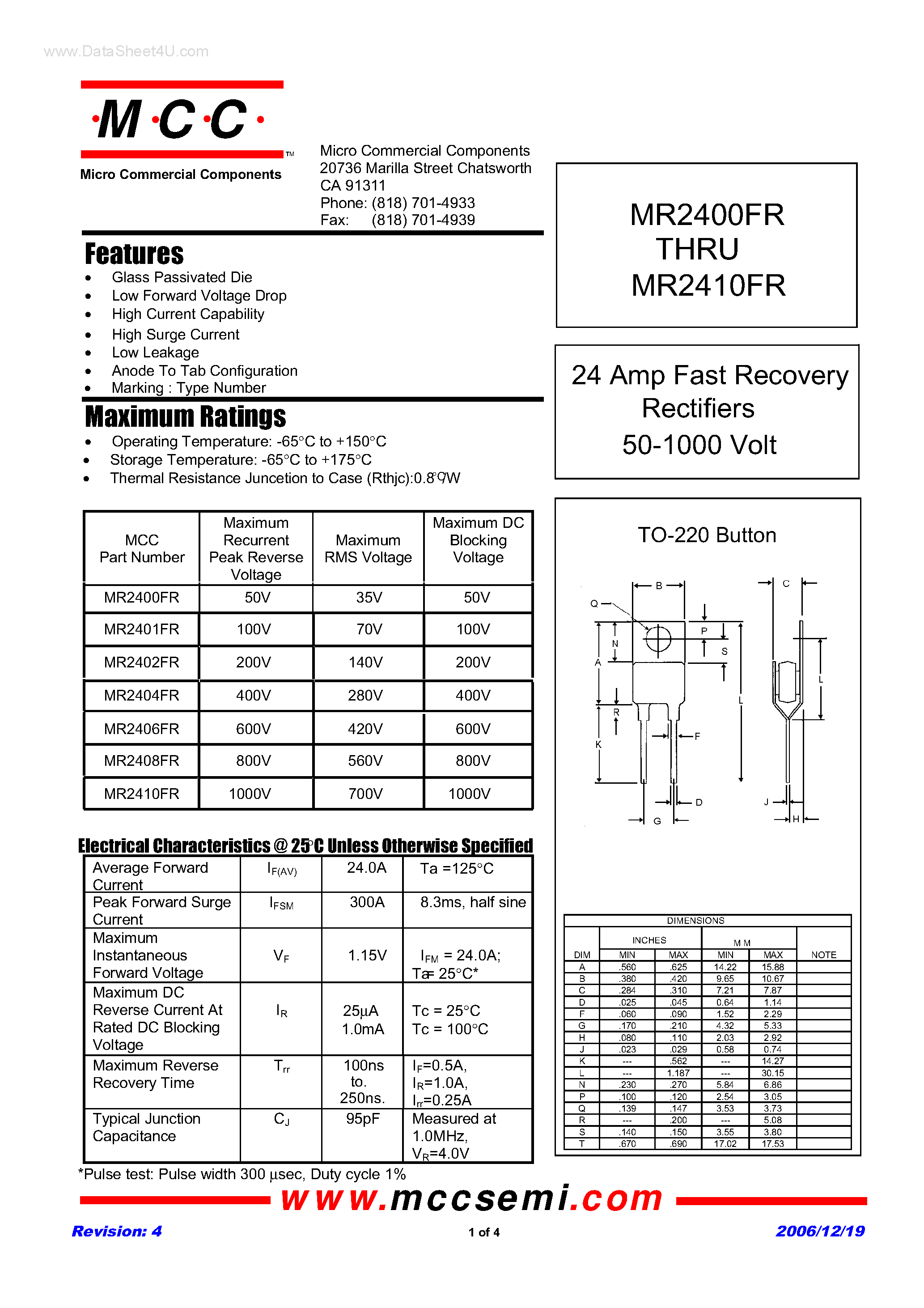 Datasheet MR2400FR page 1 Datasheet MR2400FR - (MR2400FR - MR2410FR) Fast Recovery Rectifiers page 1