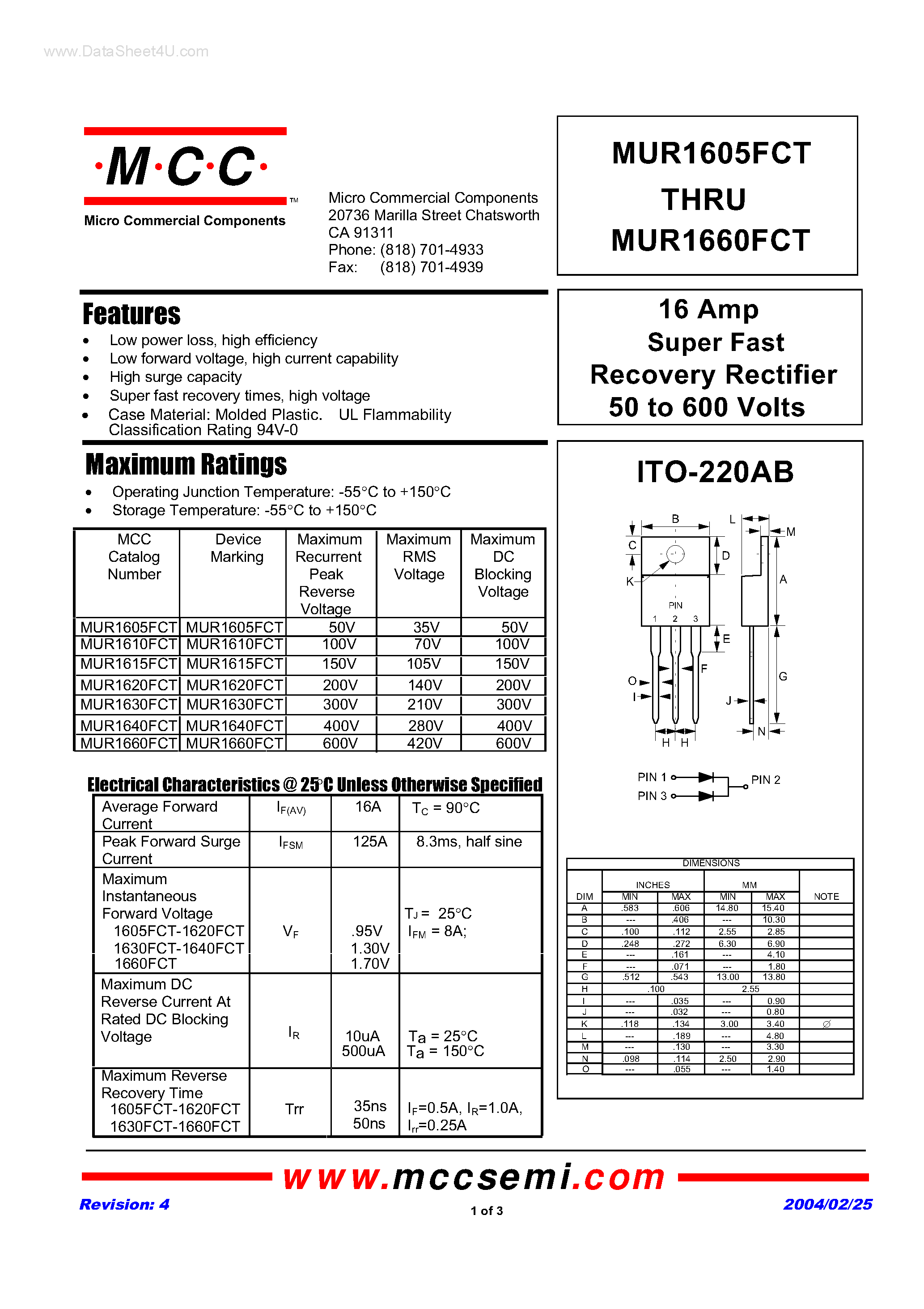 Даташит MUR1605FCT - (MUR1605FCT - MUR1660FCT) Super Fast Recovery Rectifier страница 1