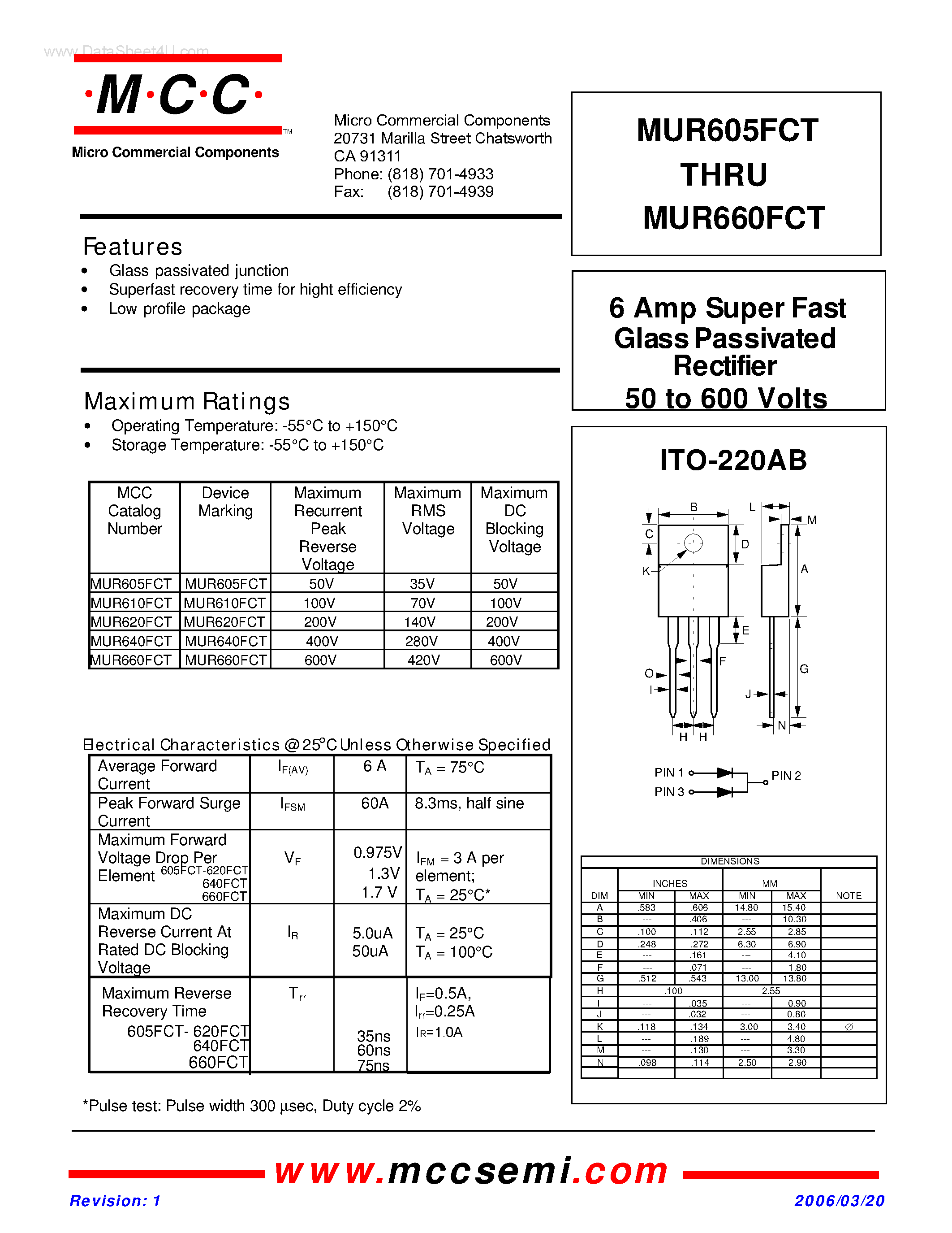 Даташит MUR605FCT - (MUR605FCT - MUR660FCT) Super Fast Glass Pass ivated Rectifier страница 1