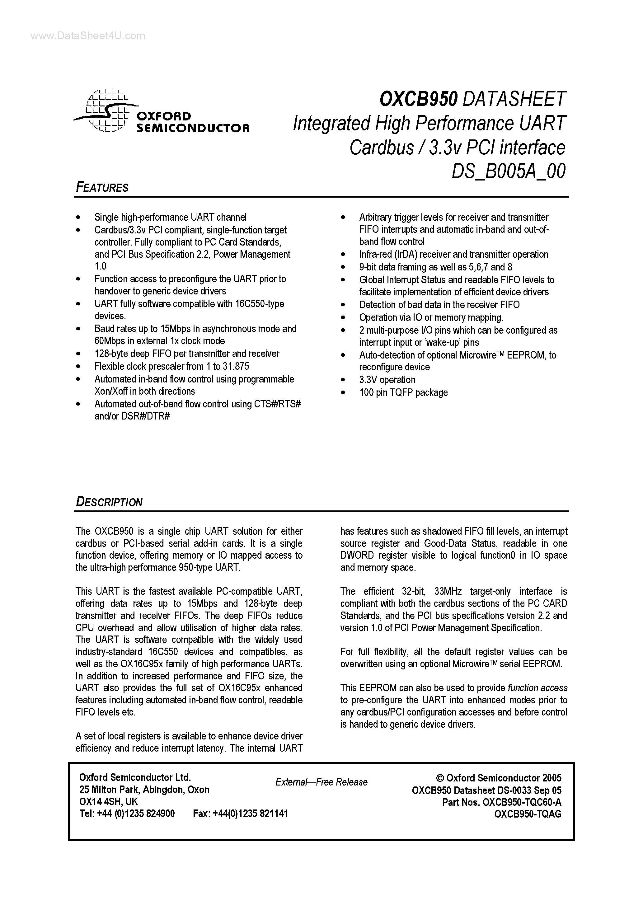 Datasheet OXCB950 page 1 Datasheet OXCB950 - Integrated High Performance UART Cardbus / 3.3v PCI interface page 1