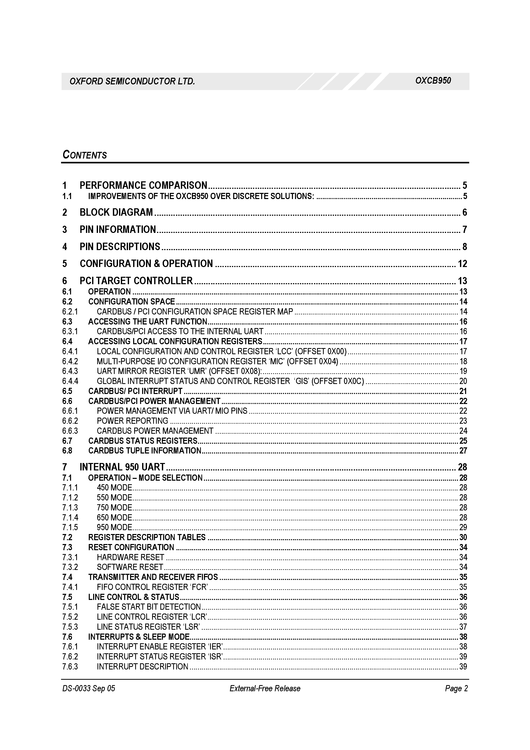 Datasheet OXCB950 page 2 Datasheet OXCB950 - Integrated High Performance UART Cardbus / 3.3v PCI interface page 2