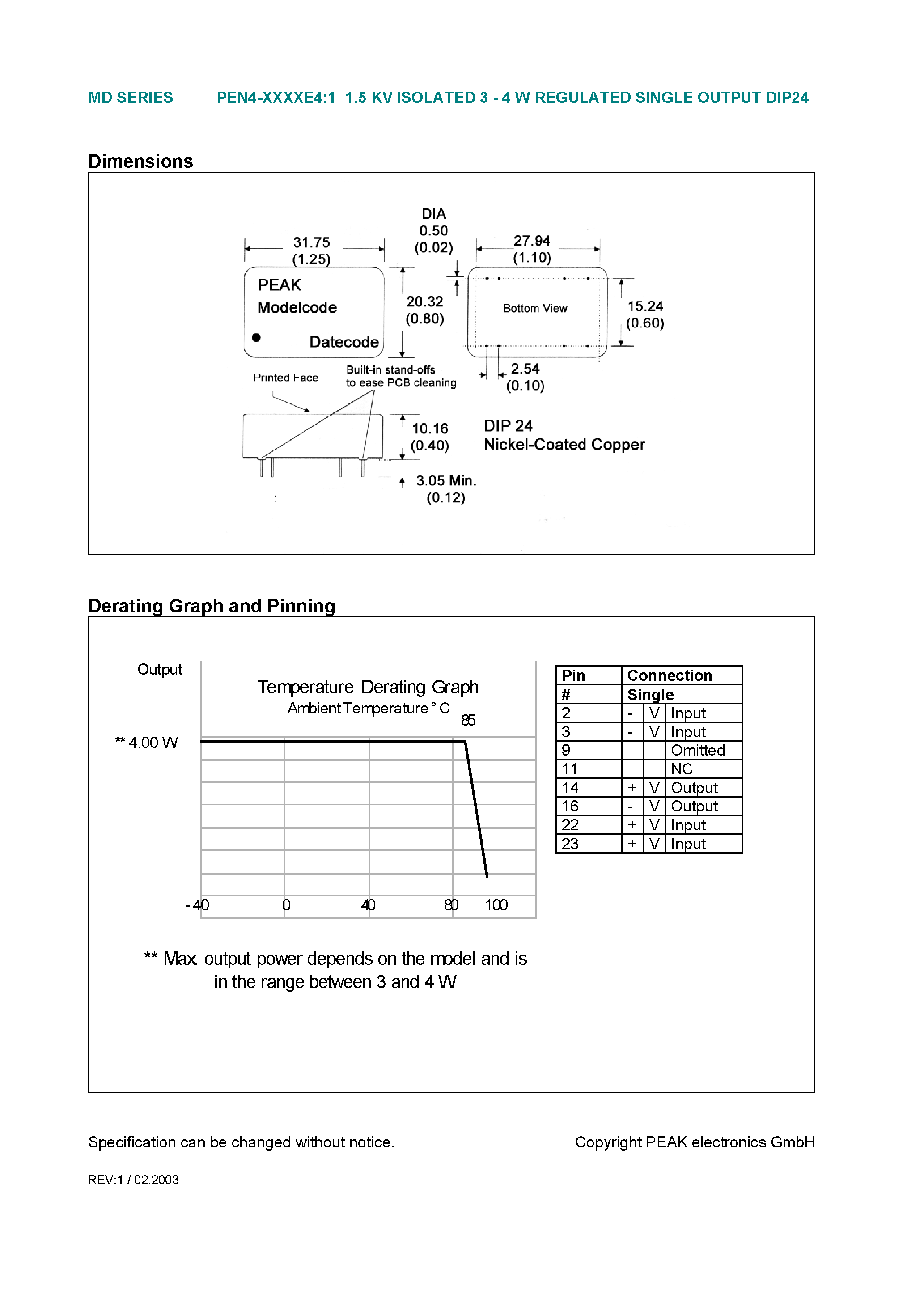 Даташит на микросхему PEN4-XXXXE4:1 страница 2 Даташит PEN4-XXXXE4:1 - 1.5 KV ISOLATED 3 - 4 W REGULATED SINGLE OUTPUT DIP24 страница 2