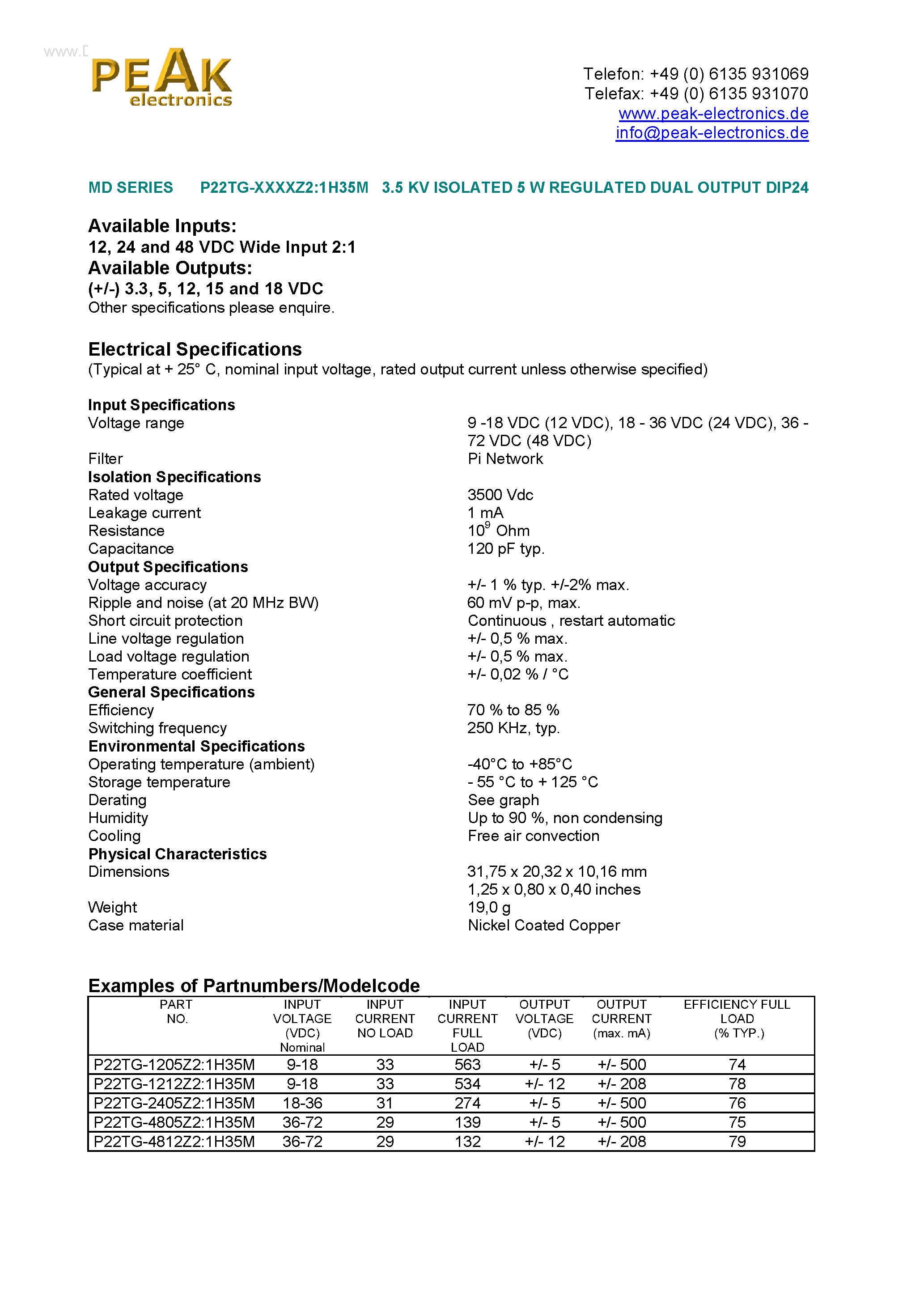 Datasheet P22TG-xxxxZ2:1H35M - 3.5 KV ISOLATED 5 W REGULATED DUAL OUTPUT DIP24 page 1