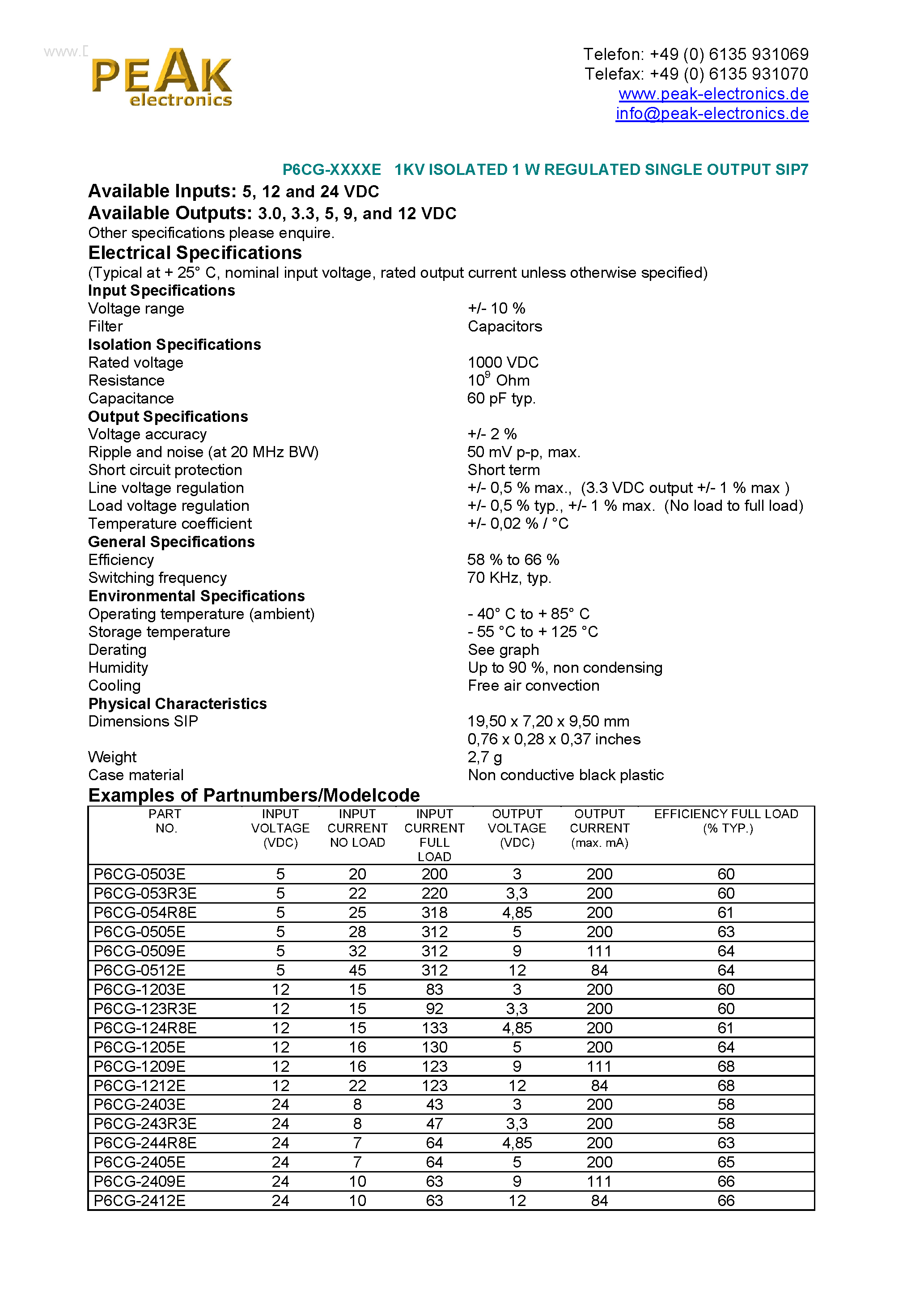 Даташит P6CG-XXXXE - 1KV ISOLATED 1 W REGULATED SINGLE OUTPUT SIP7 страница 1