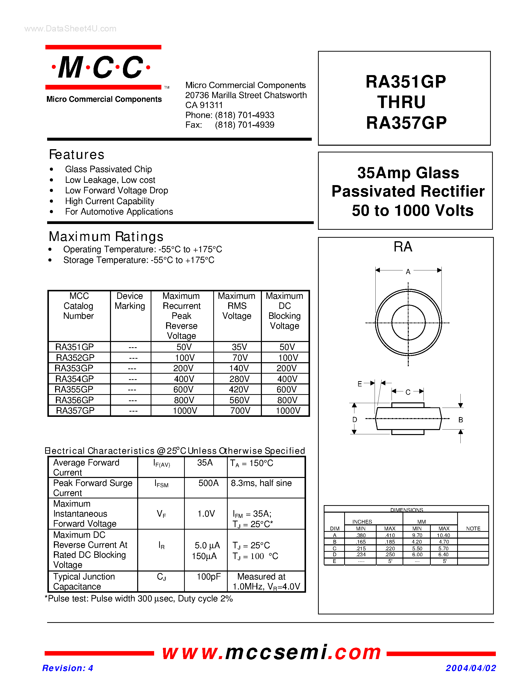 Даташит RA351GP - (RA351GP - RA357GP) Glass Passivated Rectifier страница 1