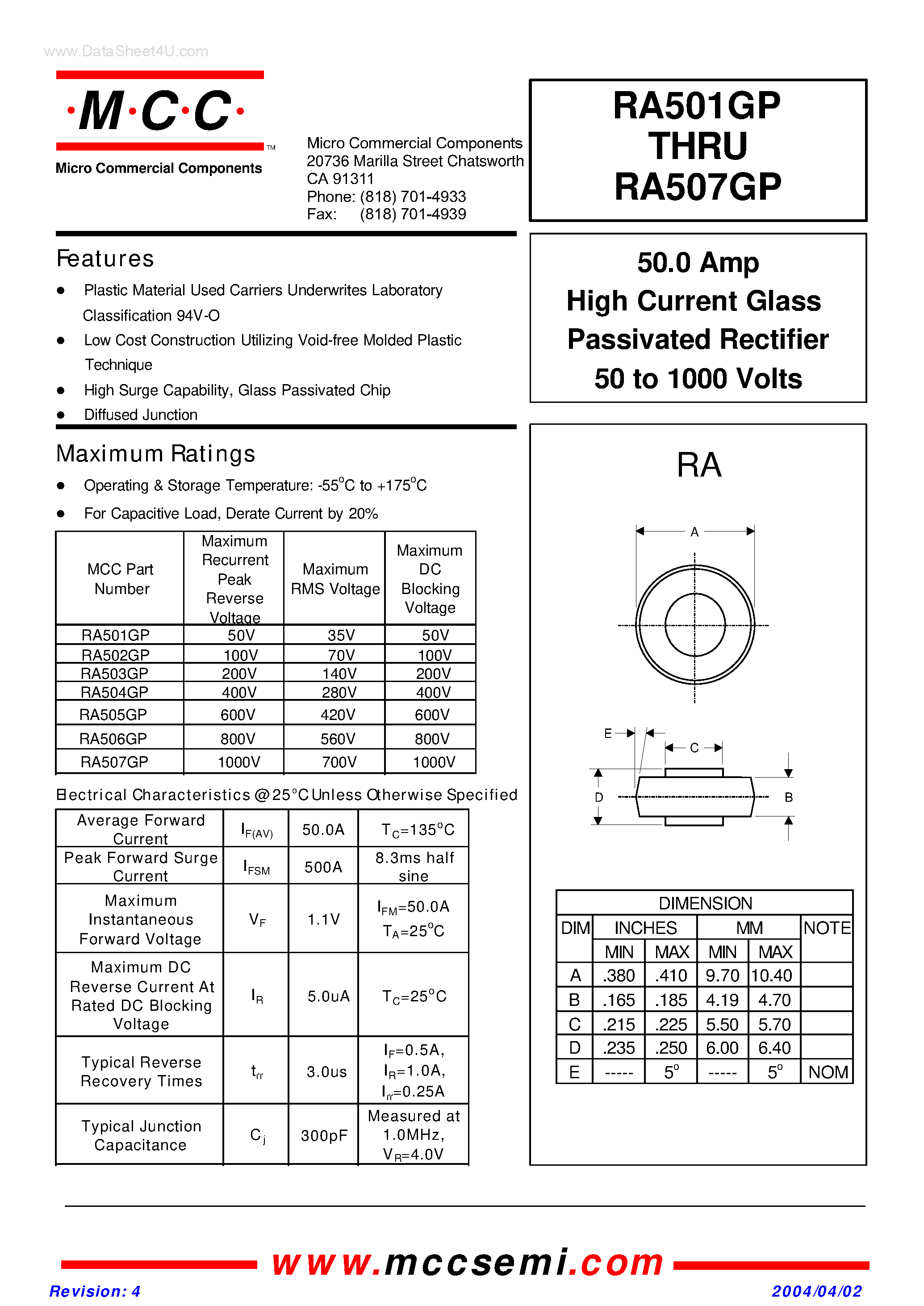 Даташит RA501GP - (RA501GP - RA507GP) High Current Glass Passivated Rectifier страница 1