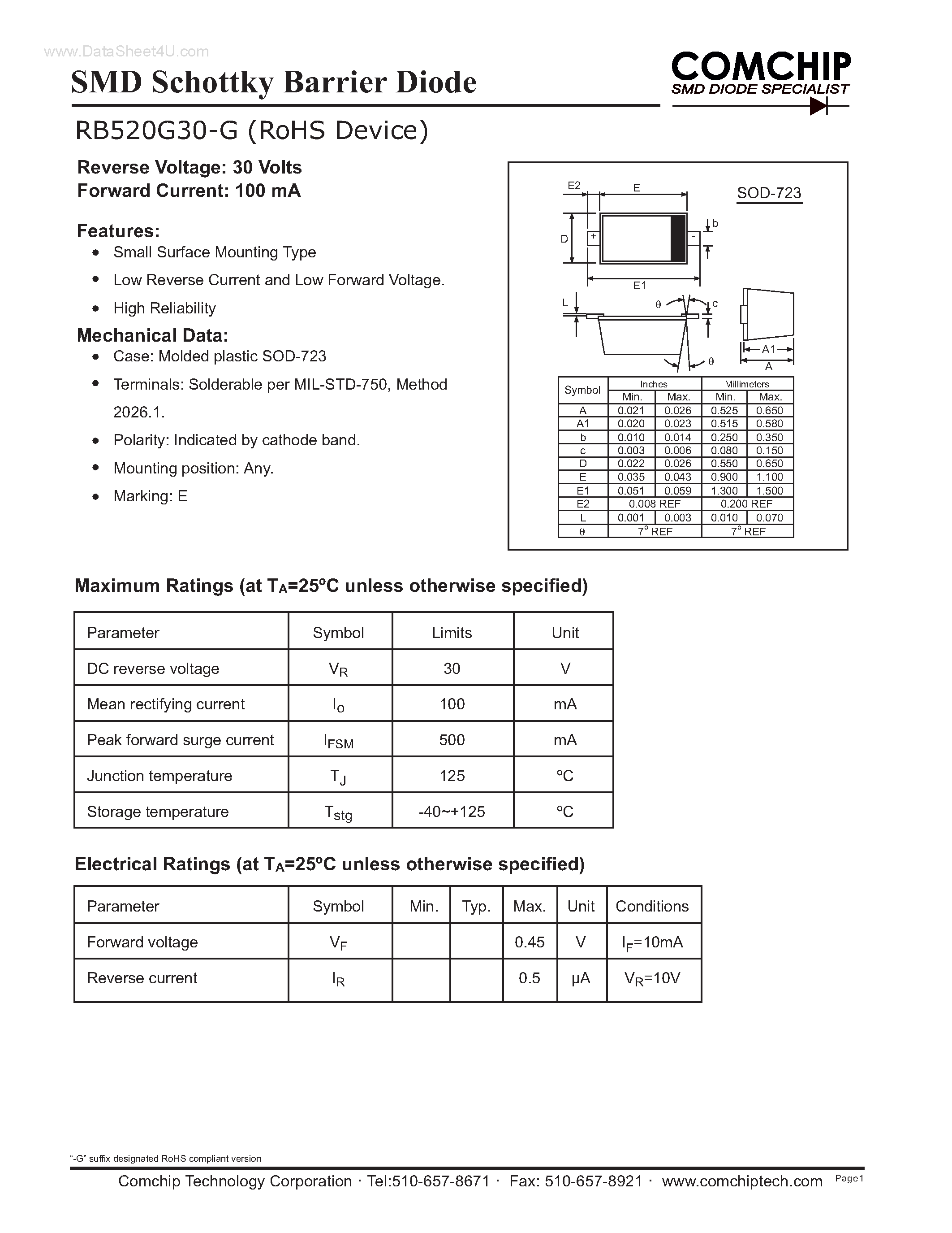 Даташит на микросхему RB520G30-G страница 1 Даташит RB520G30-G - SMD Schottky Barrier Diode страница 1