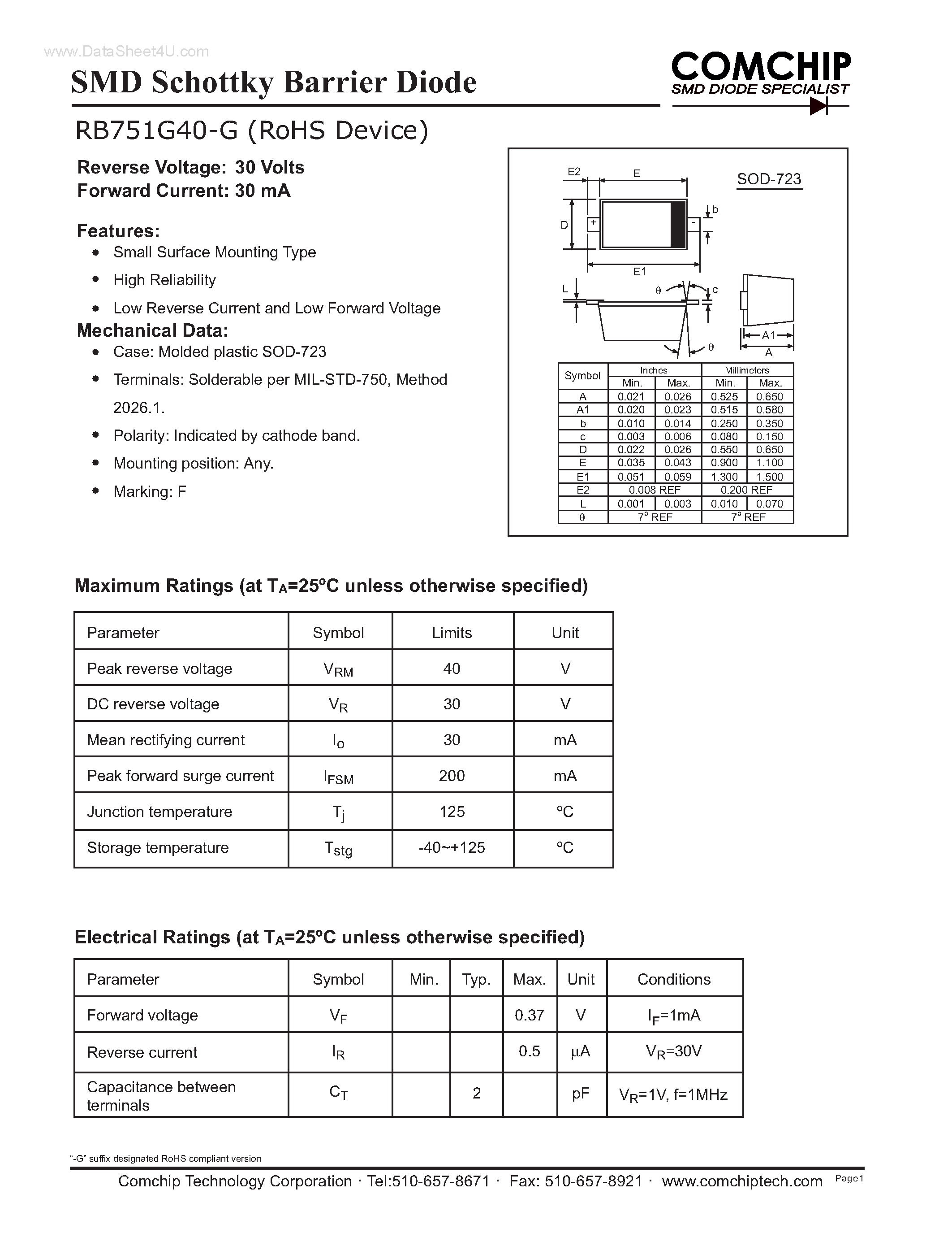 Даташит RB751G40-G - SMD Schottky Barrier Diode страница 1
