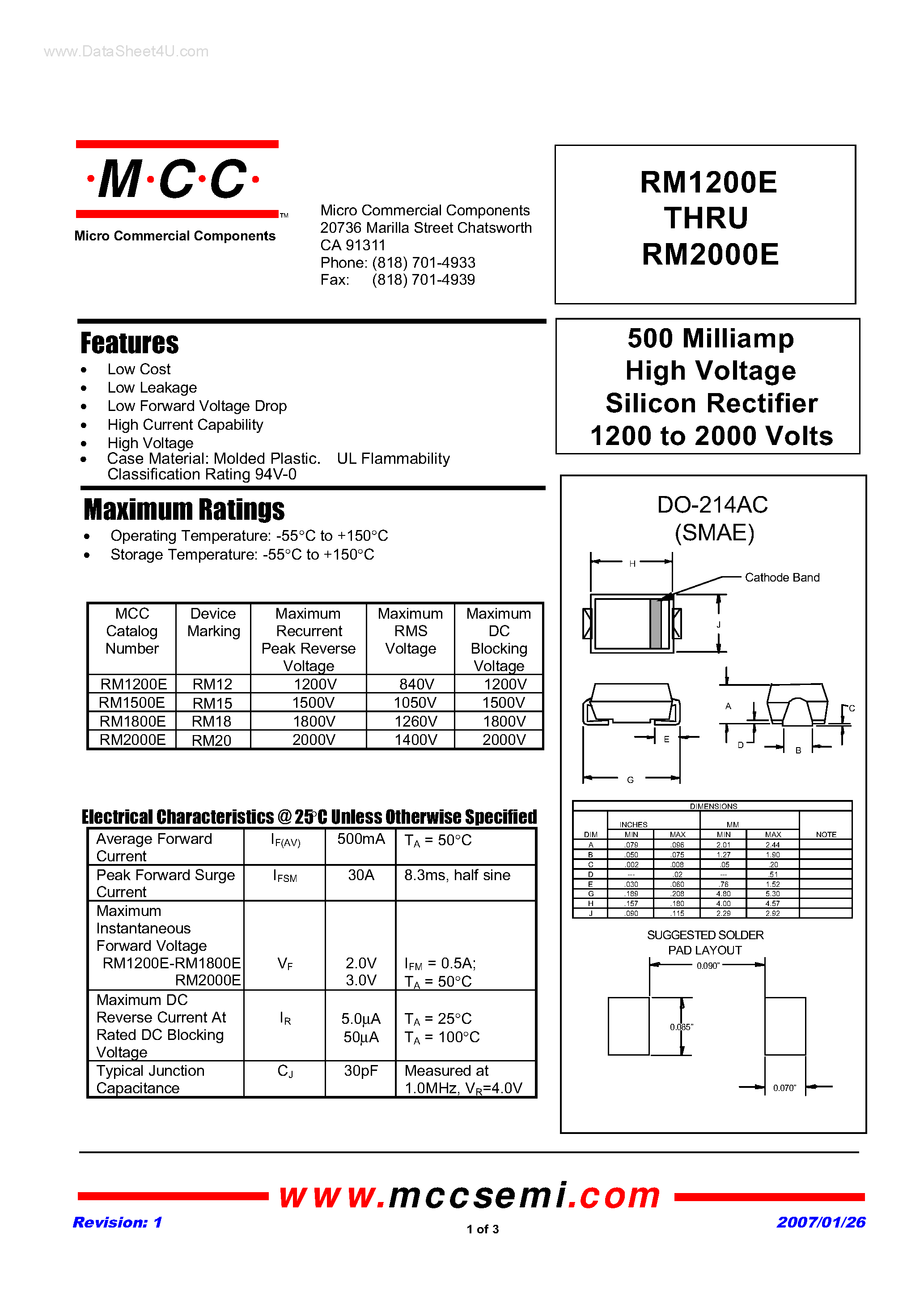 Даташит RM2000E - (RM1200E - RM1800E) High Voltage Silicon Rectifier страница 1