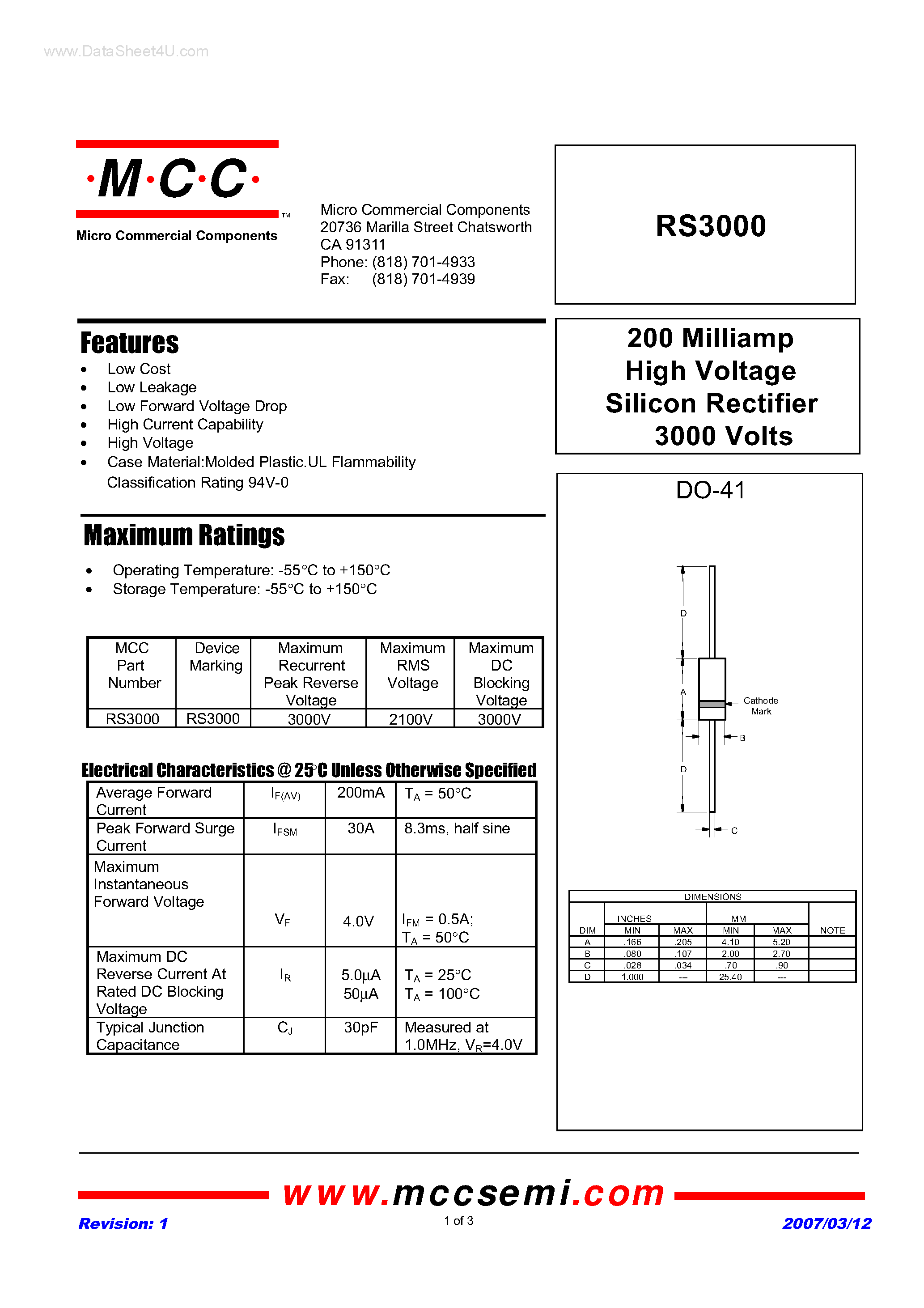 Даташит на микросхему RS3000 страница 1 Даташит RS3000 - High Voltage Silicon Rectifier страница 1