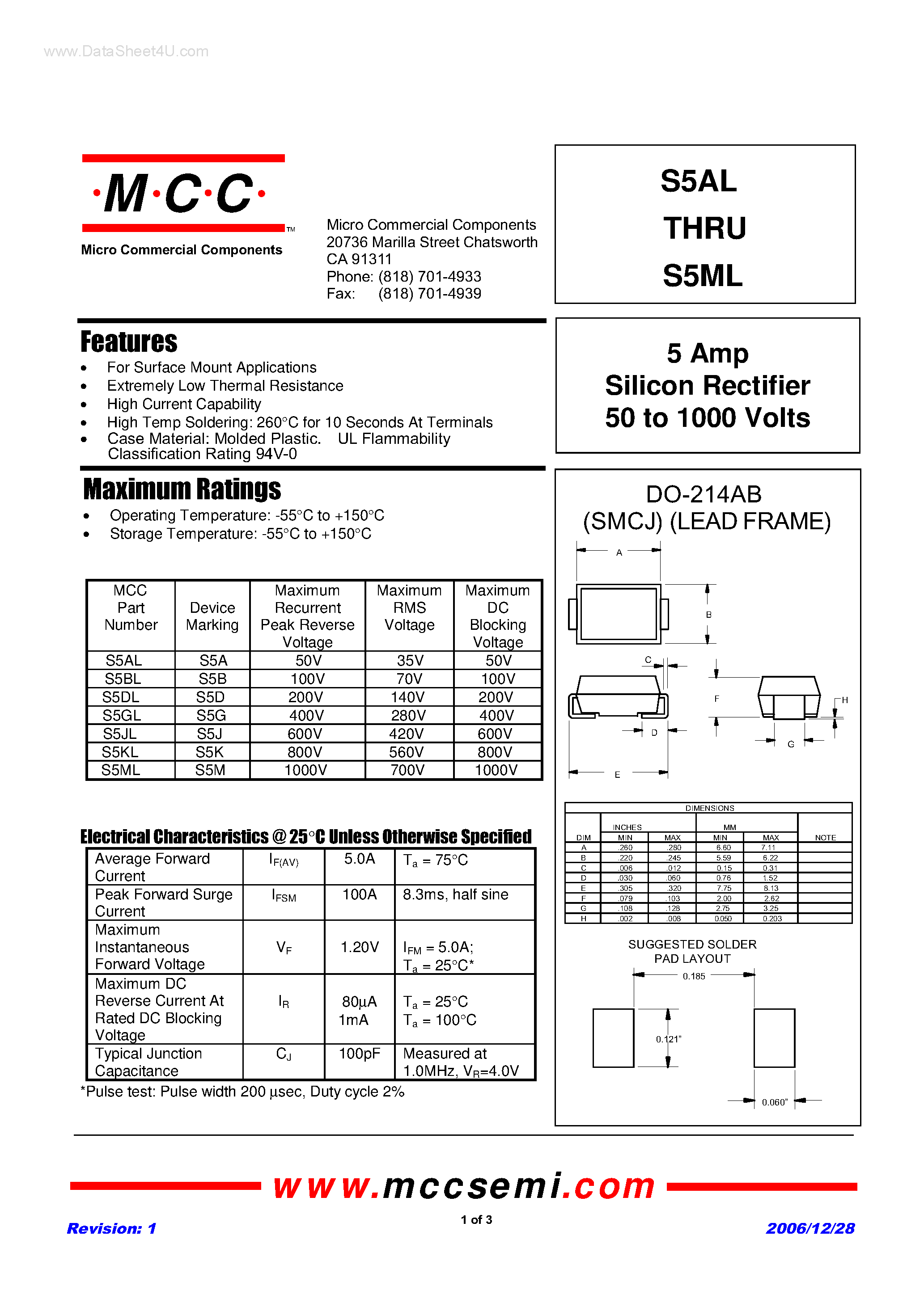 Datasheet S5AL page 1 Datasheet S5AL - (S5xL) Silicon Rectifier page 1