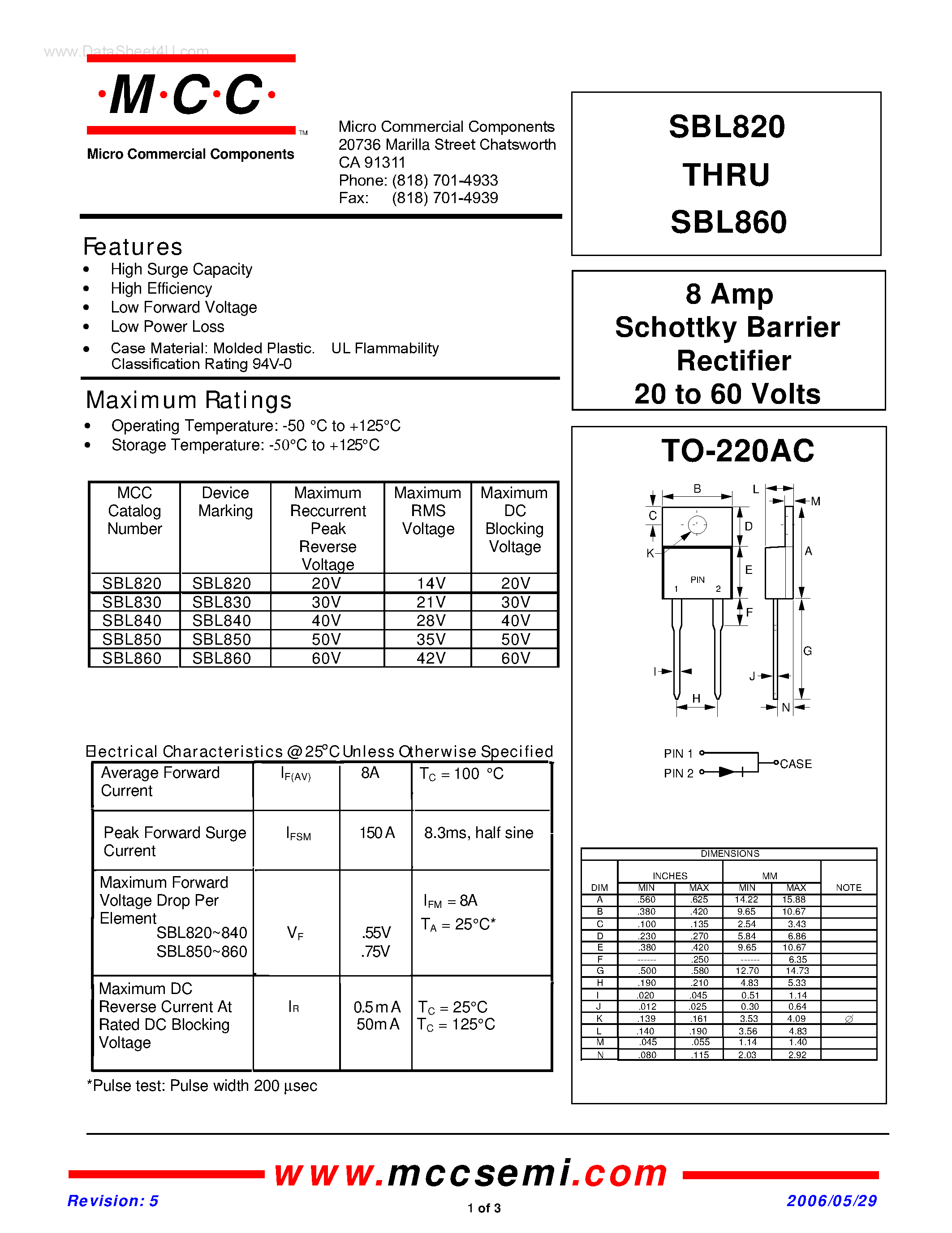 Datasheet SBL820 page 1 Datasheet SBL820 - (SBL820 - SBL860) Schottky Barrier Rectifier page 1