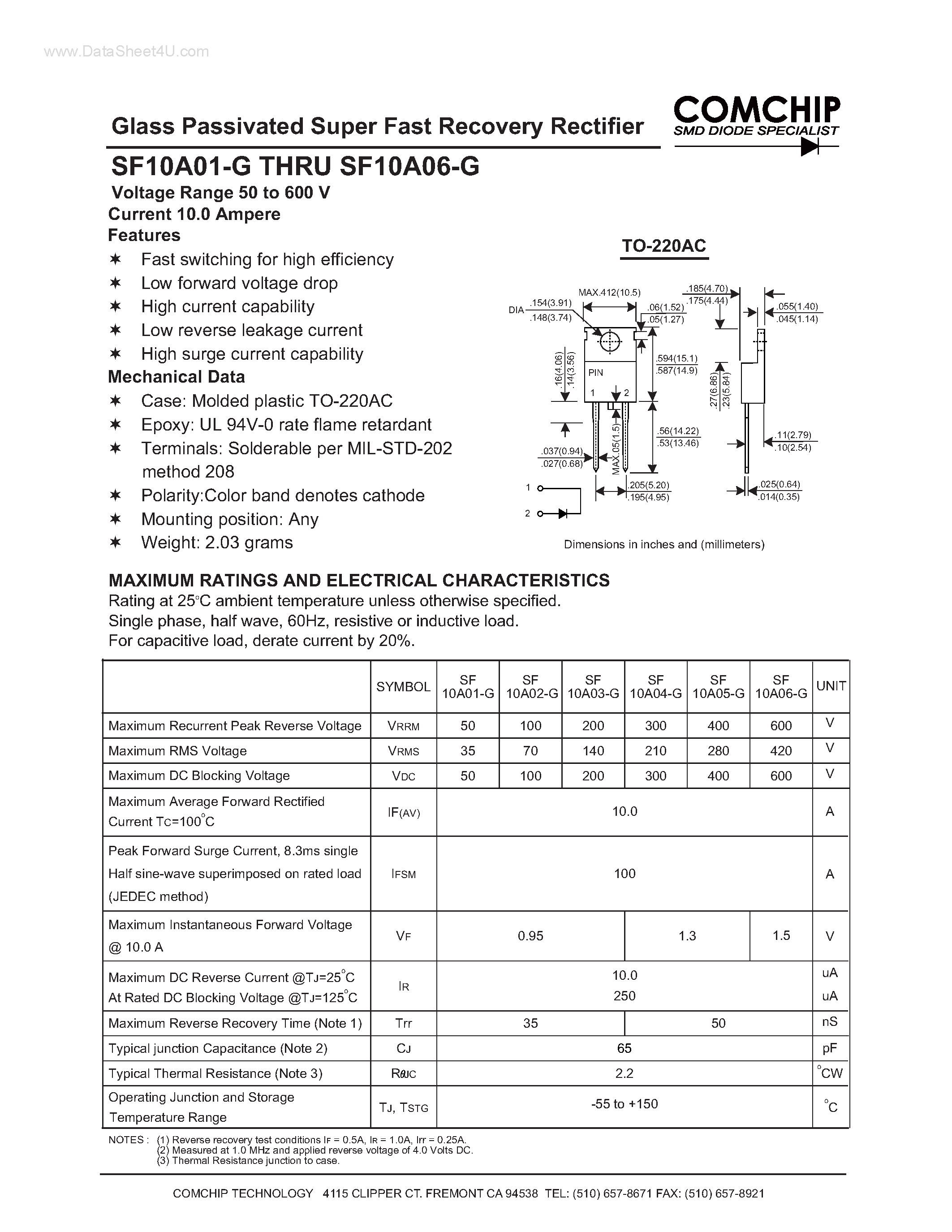 Даташит SF10A01-G - (SF10A01-G - SF10A06-G) Glass Passivated Super Fast Recovery Rectifier страница 1