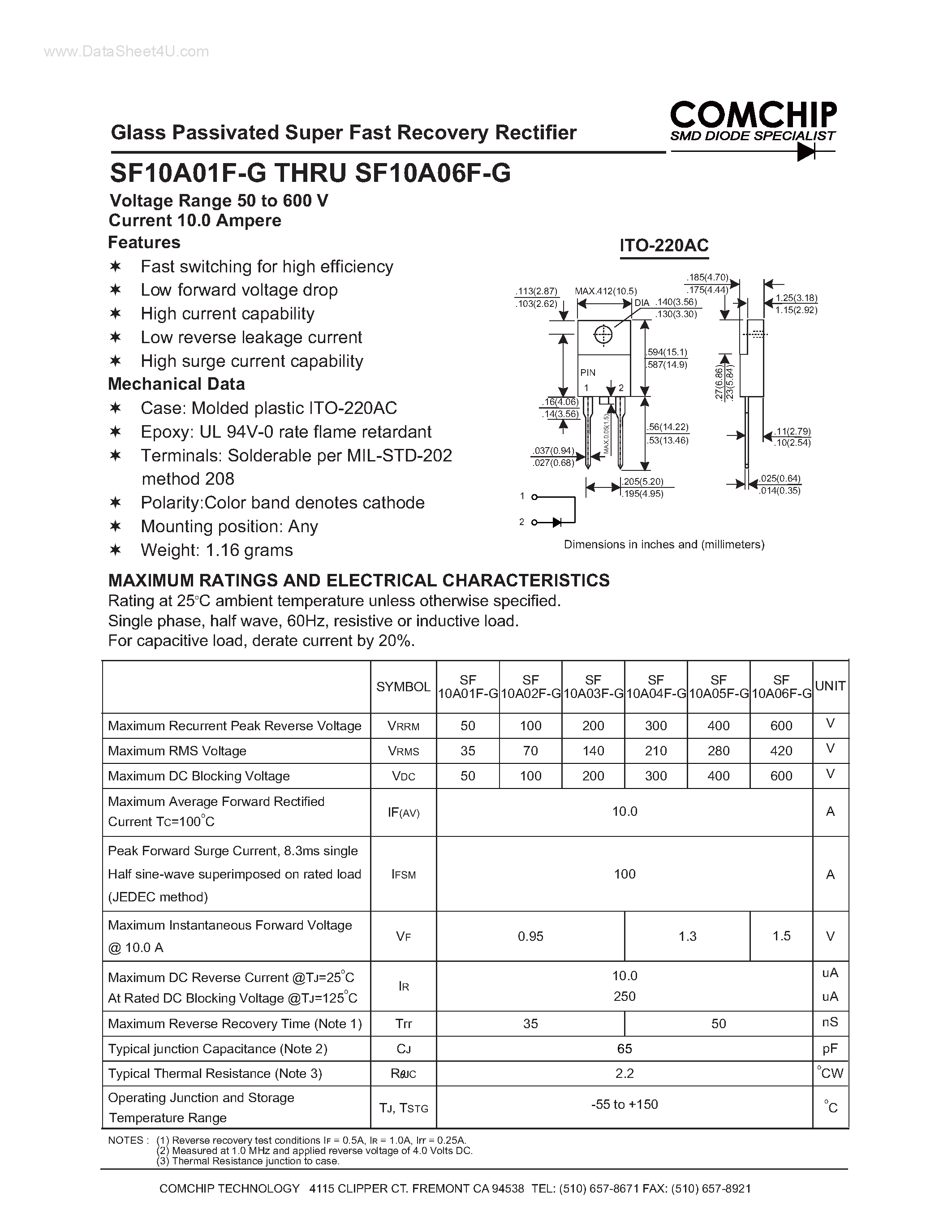 Даташит SF10A01F-G - (SF10A01F-G - SF10A06F-G) Glass Passivated Super Fast Recovery Rectifier страница 1