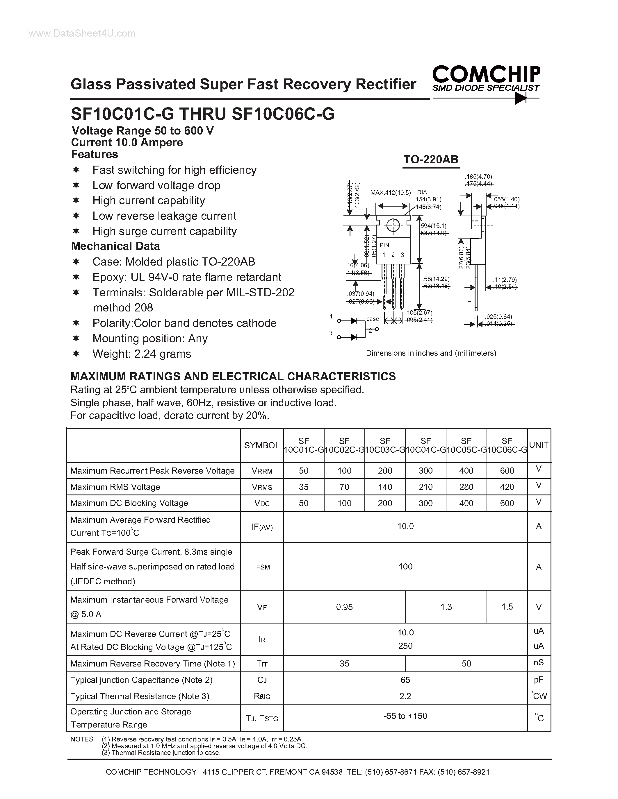 Даташит SF10C01C-G - (SF10C01C-G - SF10C06C-G) Glass Passivated Super Fast Recovery Rectifier страница 1