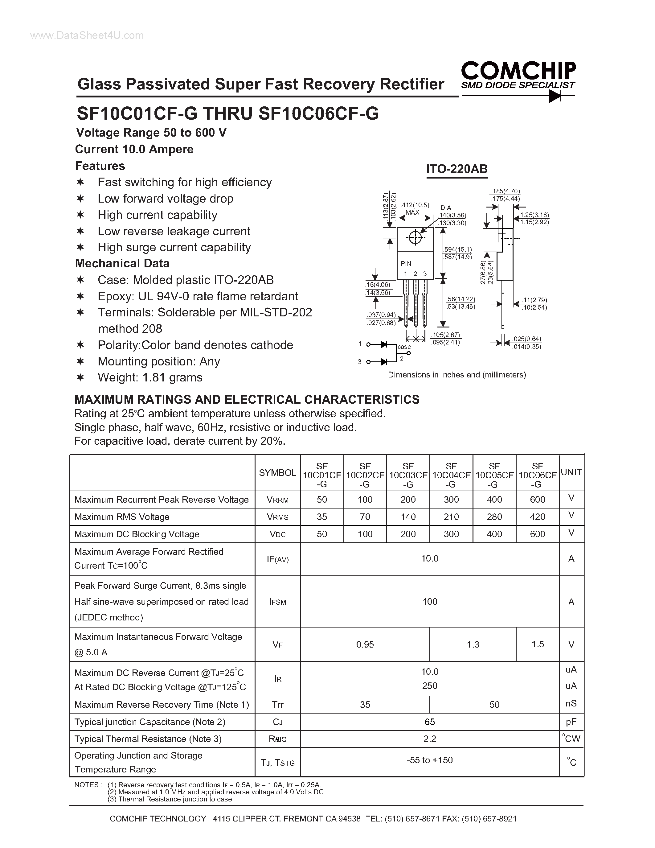 Даташит SF10C01CF-G - (SF10C01CF-G - SF10C06CF-G) Glass Passivated Super Fast Recovery Rectifier страница 1