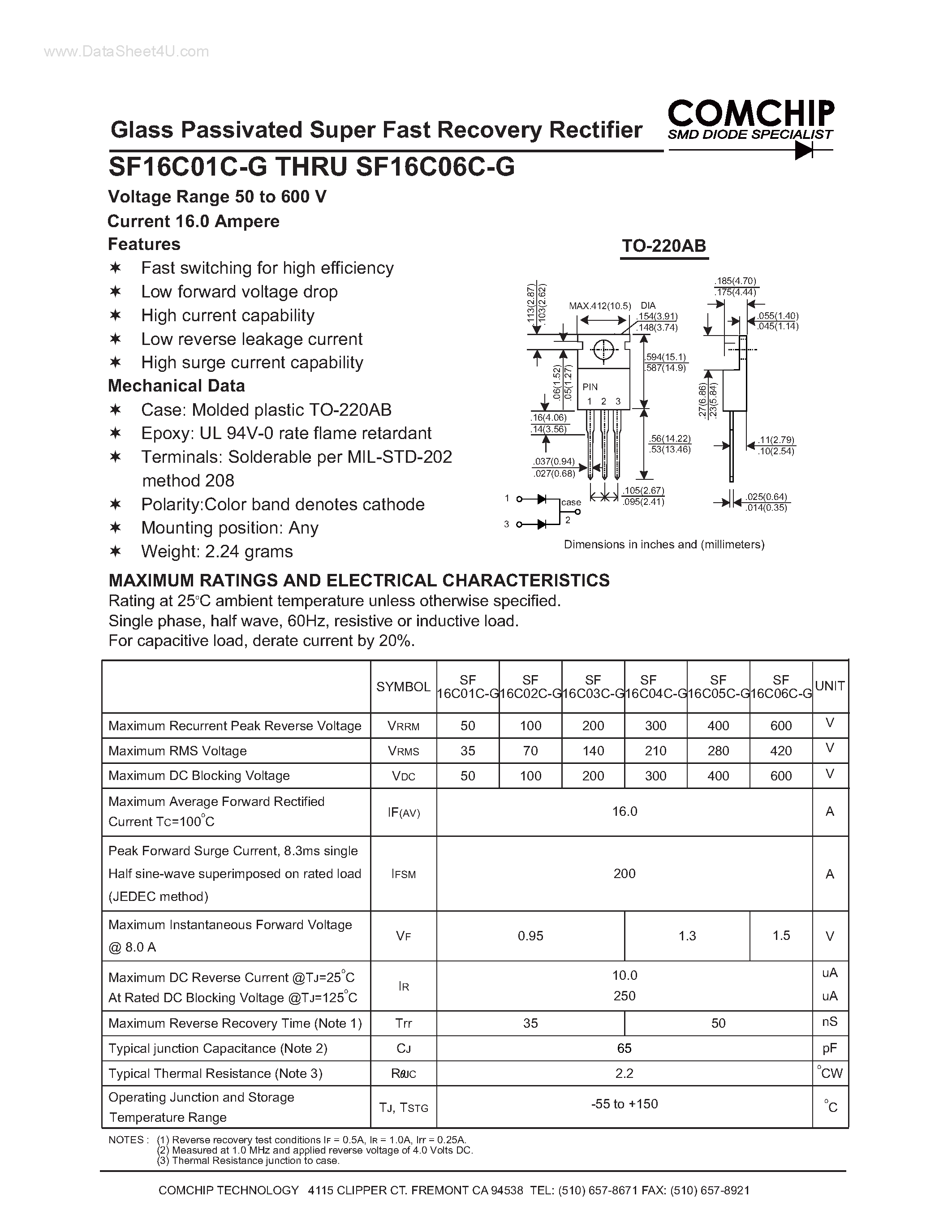Даташит SF16C01C-G - (SF16C01C-G - SF16C06C-G) Glass Passivated Super Fast Recovery Rectifier страница 1