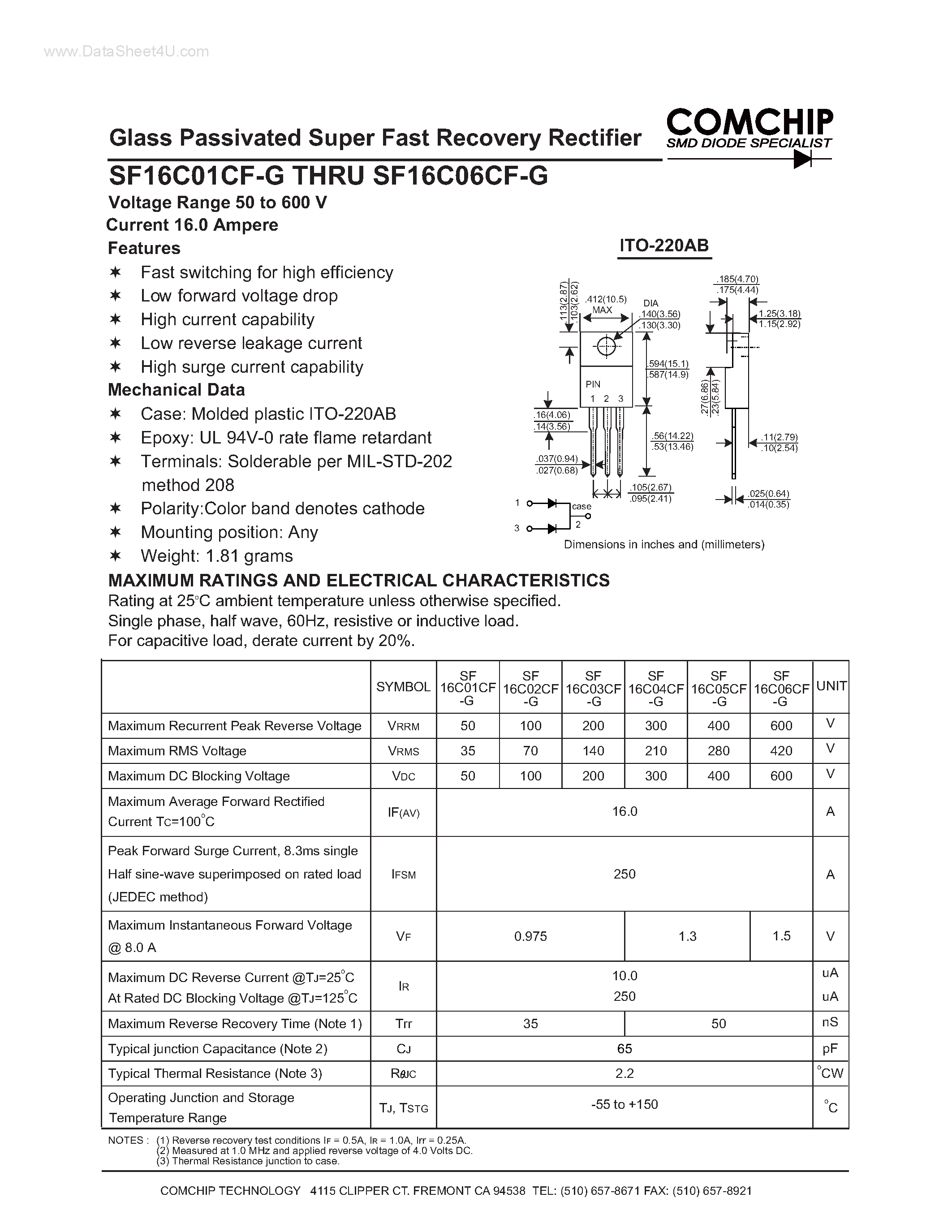 Даташит SF16C01CF-G - (SF16C01CF-G - SF16C06CF-G) Glass Passivated Super Fast Recovery Rectifier страница 1