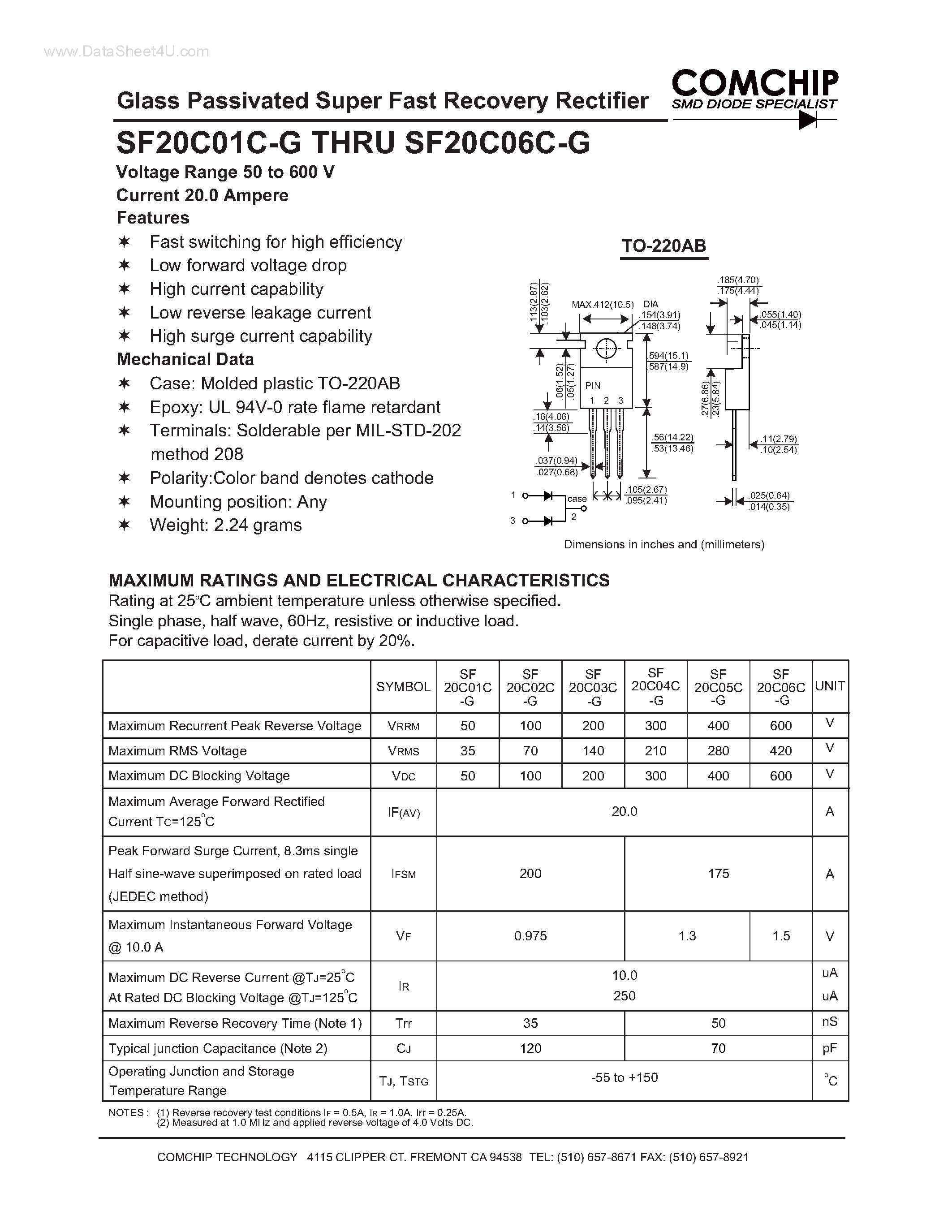 Даташит SF20C01C-G - (SF20C01C-G - SF20C06C-G) Glass Passivated Super Fast Recovery Rectifier страница 1