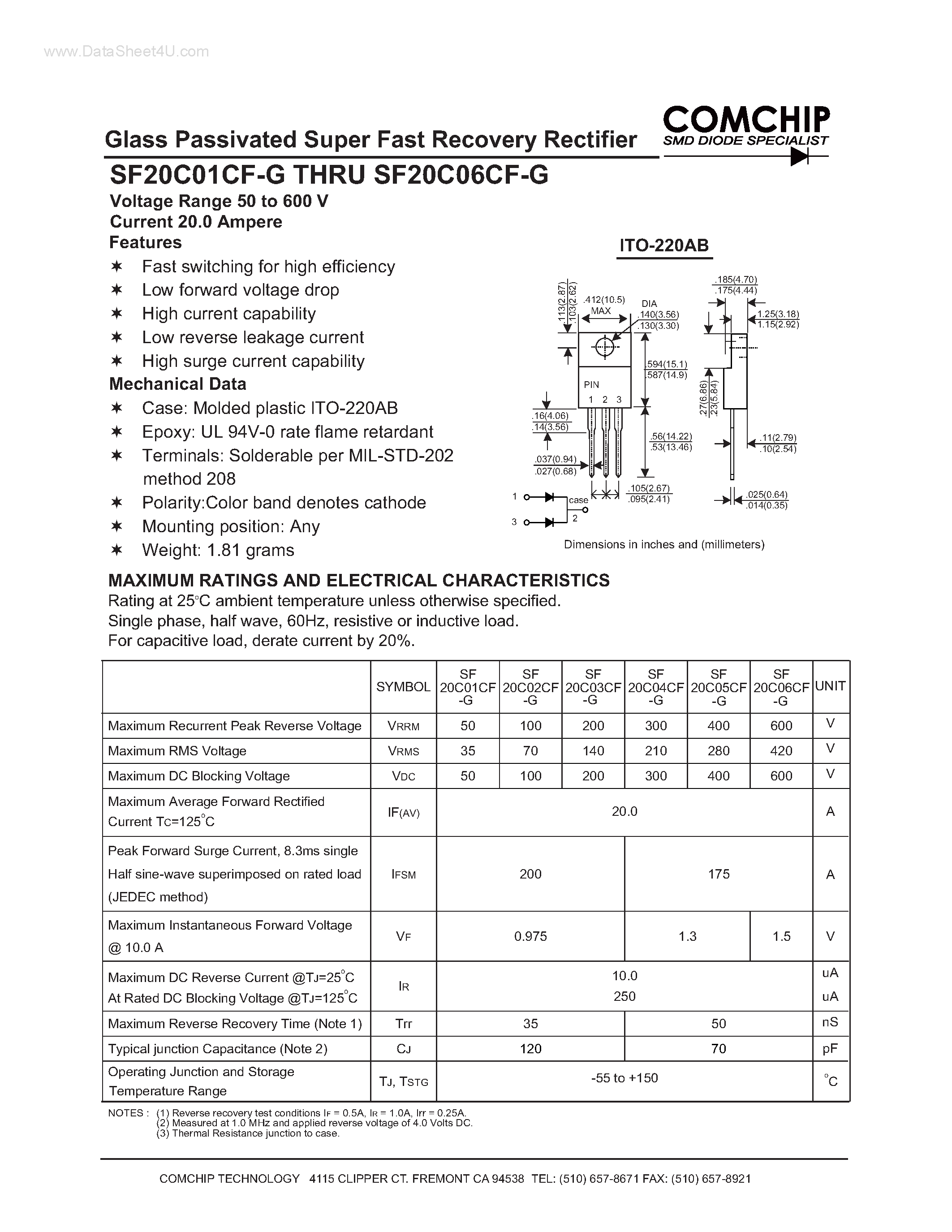 Даташит на микросхему SF20C01CF-G страница 1 Даташит SF20C01CF-G - (SF20C01CF-G - SF20C06CF-G) Glass Passivated Super Fast Recovery Rectifier страница 1
