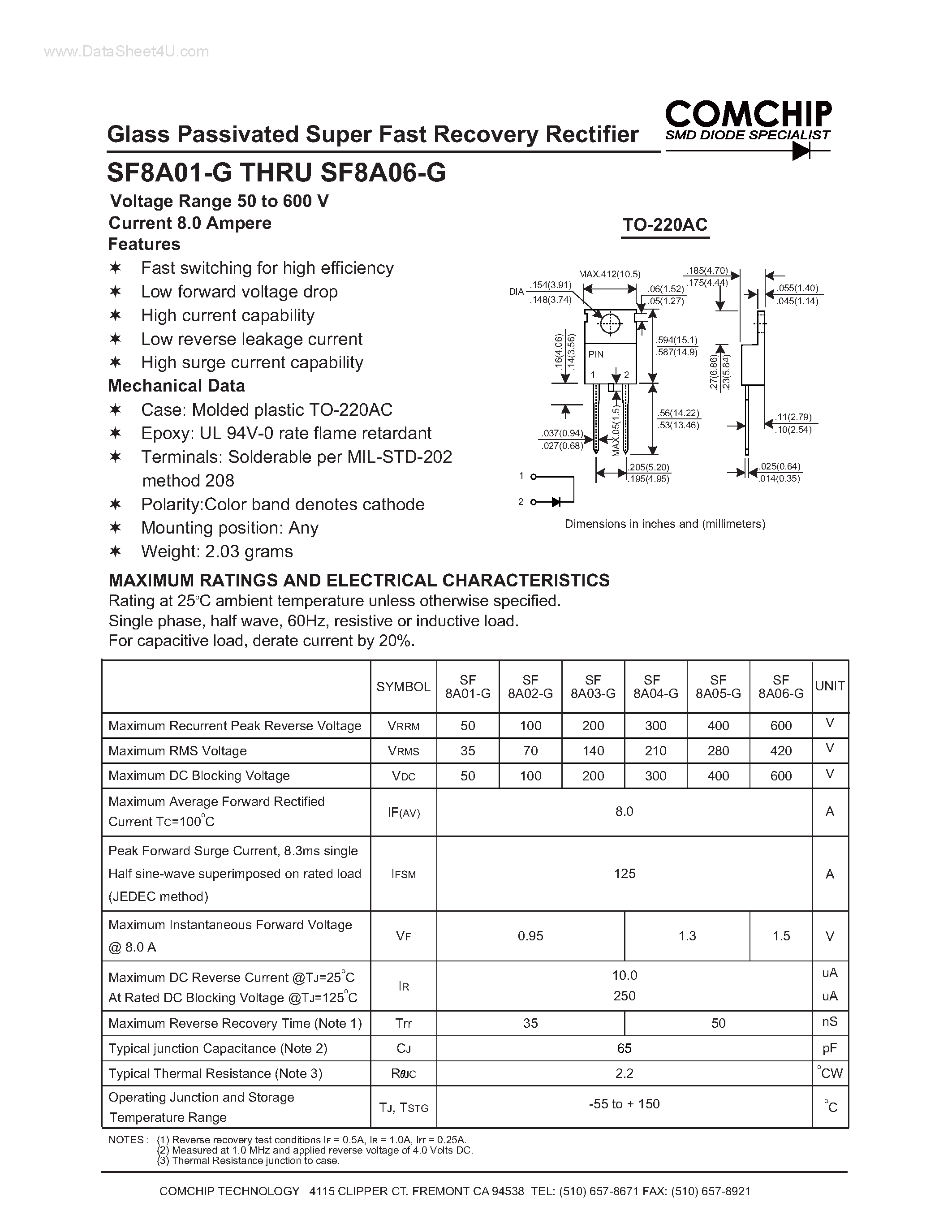 Даташит SF8A01-G - (SF8A01-G - SF8A06-G) Glass Passivated Super Fast Recovery Rectifier страница 1