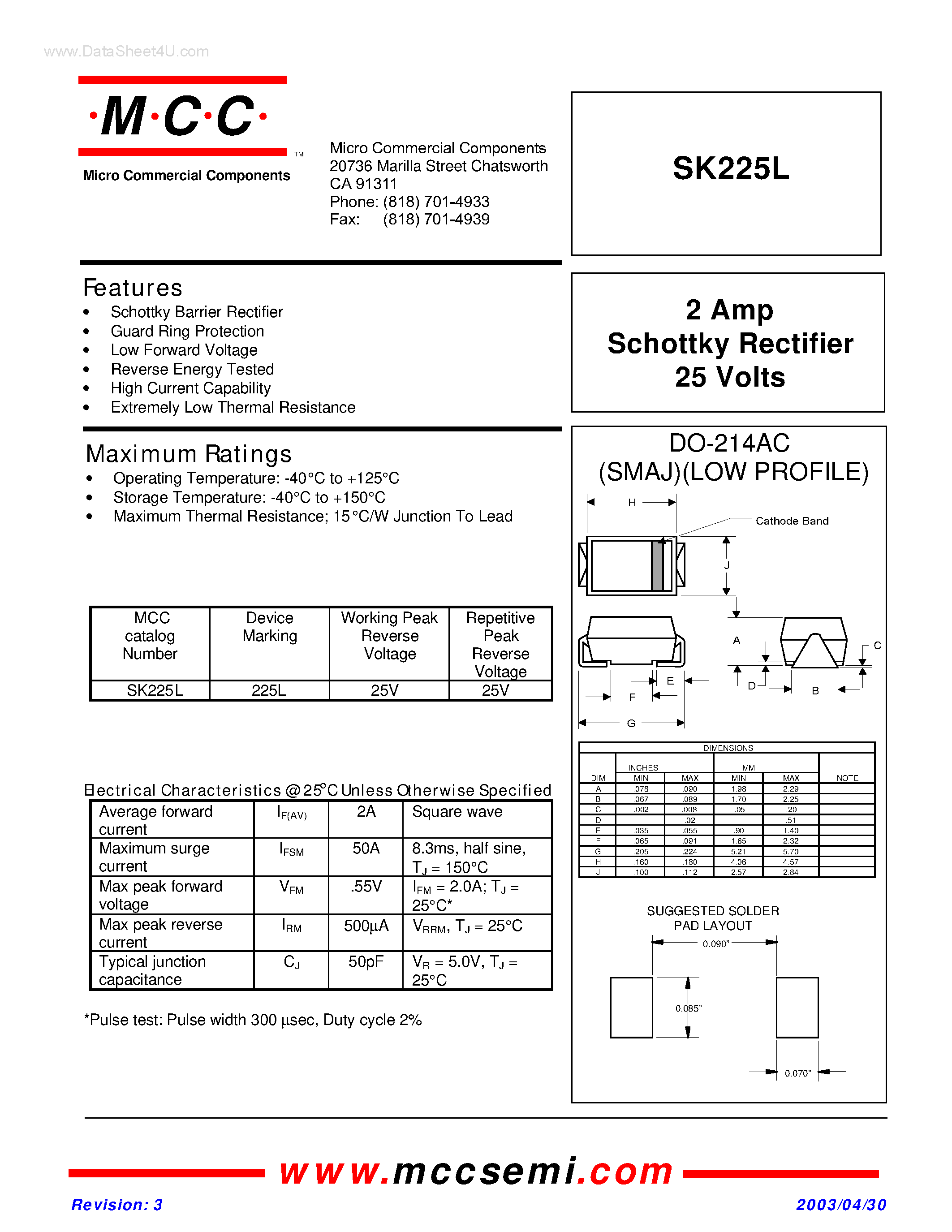 Datasheet SK225L page 1 Datasheet SK225L - Schottky Rectifier page 1